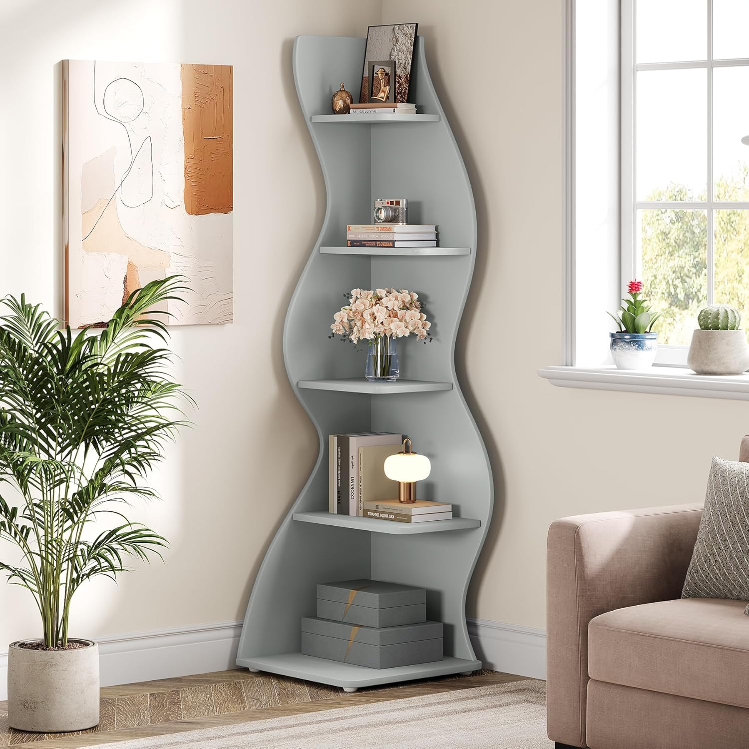 Tribesigns Wavy Corner Shelf, Modern 5-Tier Curved Bookshelf for Small Spaces