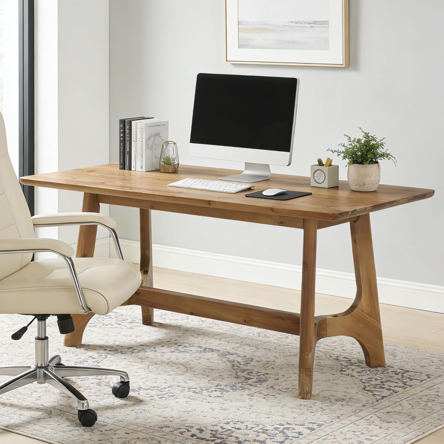 62.99" Solid Wood Conference Table, Rectangular Seminar Desk Meeting Room Table for 4-6 People