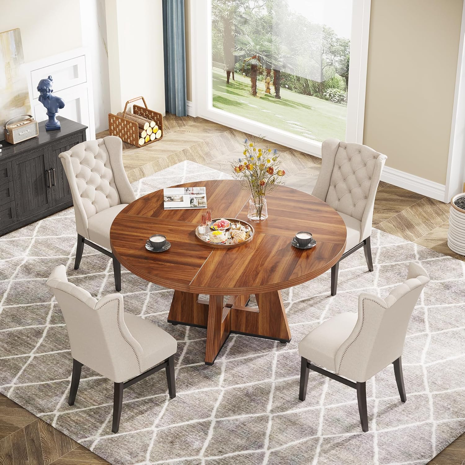 47" Farmhouse Dining Table, Round Wooden Kitchen Dinner Table for 4 People