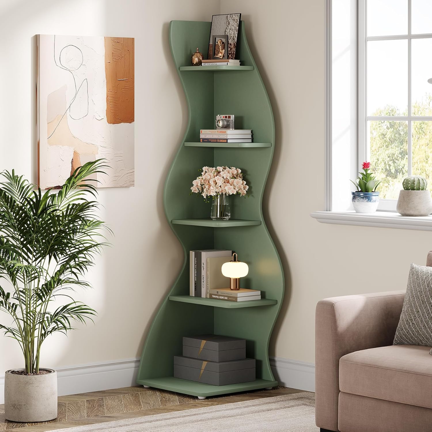 Tribesigns Wavy Corner Shelf, Modern 5-Tier Curved Bookshelf for Small Spaces