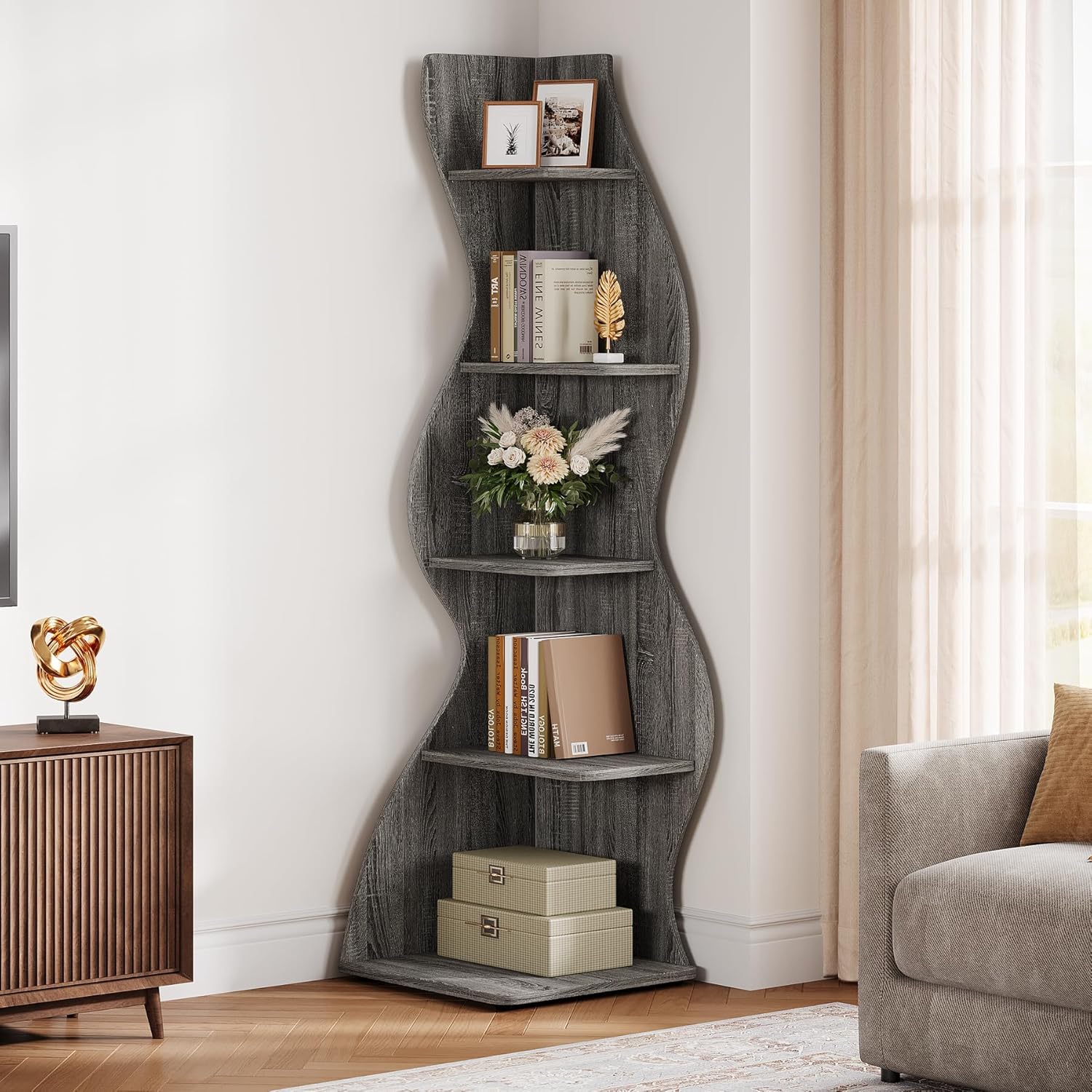 Tribesigns Wavy Corner Shelf, Modern 5-Tier Curved Bookshelf for Small Spaces