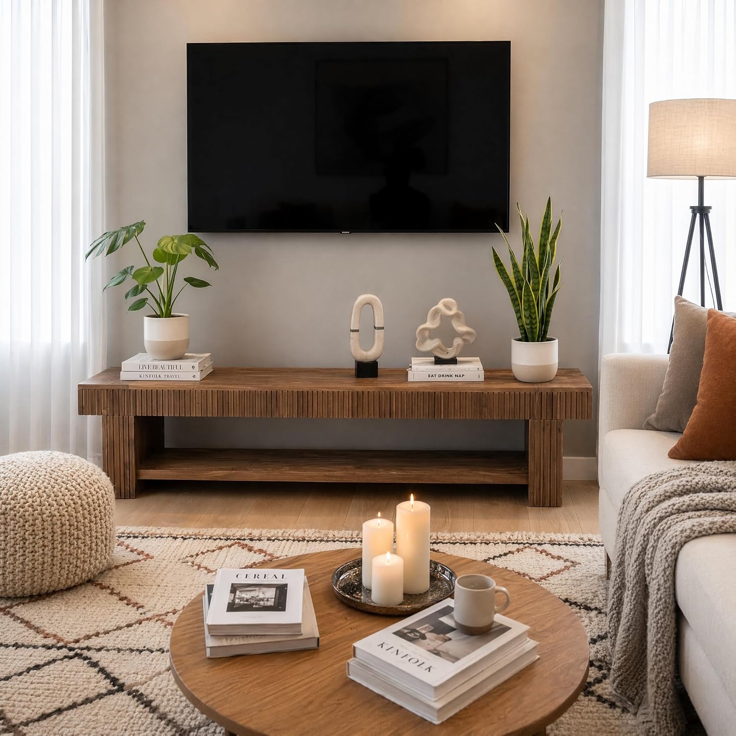 71 Inch Fluted Solid Wood TV Stand, Rustic Farmhouse Media Console with Open Storage for Living Room