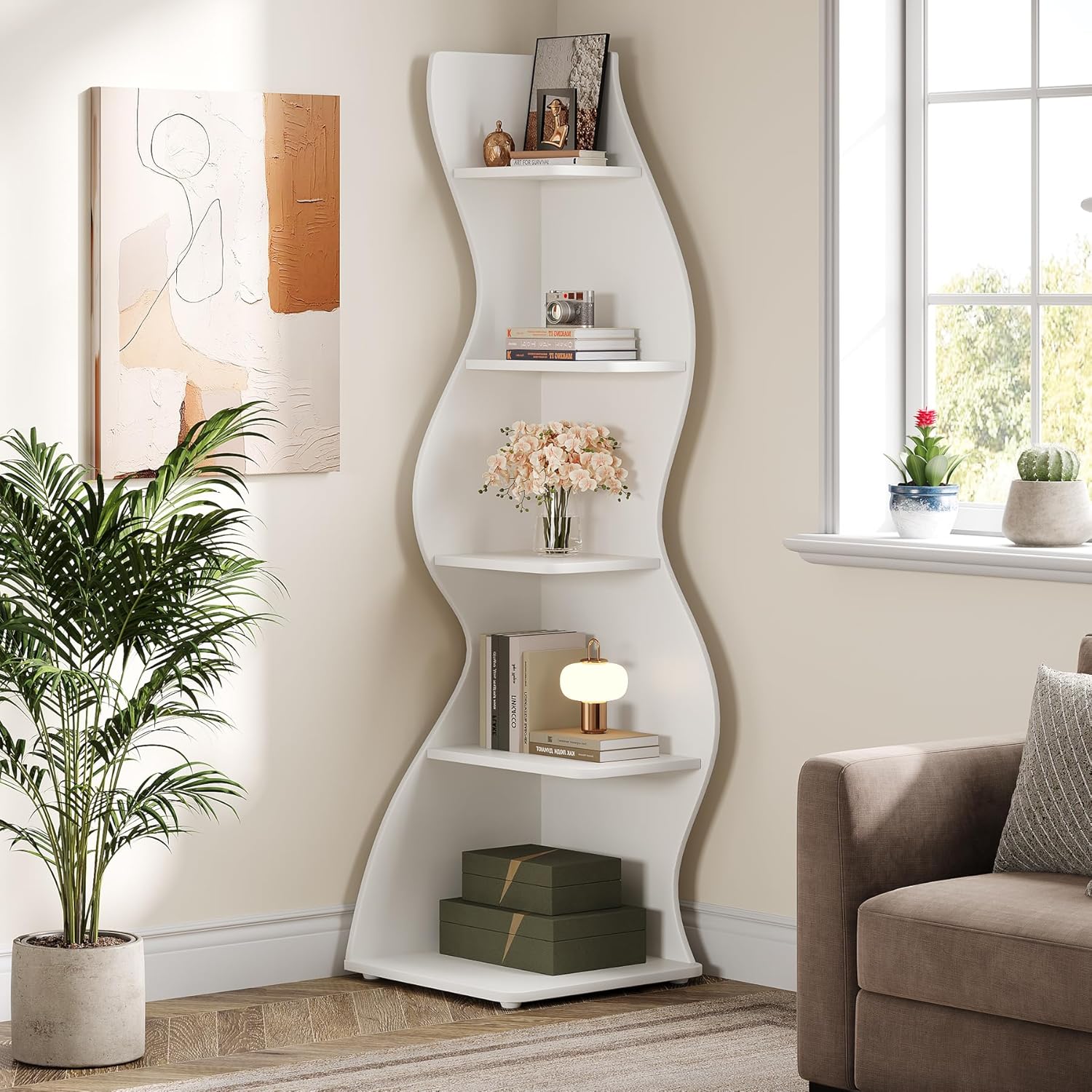 Tribesigns Wavy Corner Shelf, Modern 5-Tier Curved Bookshelf for Small Spaces