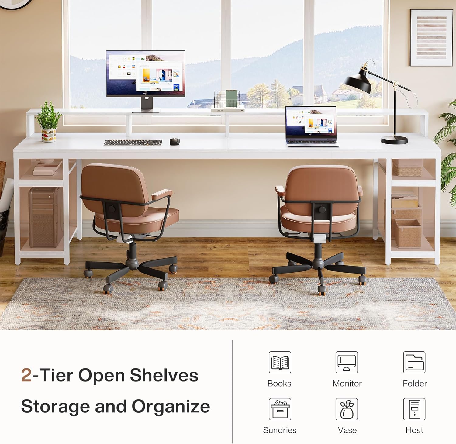 78.74" Extra Long Two Person Desk, Double Computer Desk with Storage Shelves