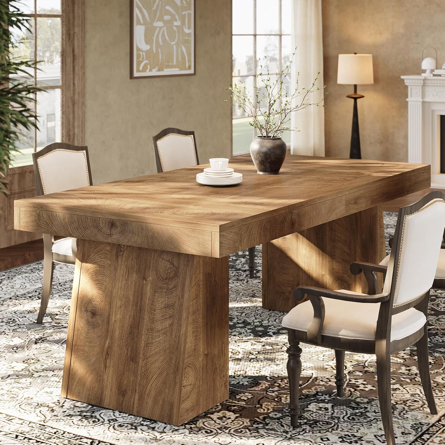55 Inch Farmhouse Double Pedestal Dining Table, Rectangular Table for 4-6 in Small Spaces