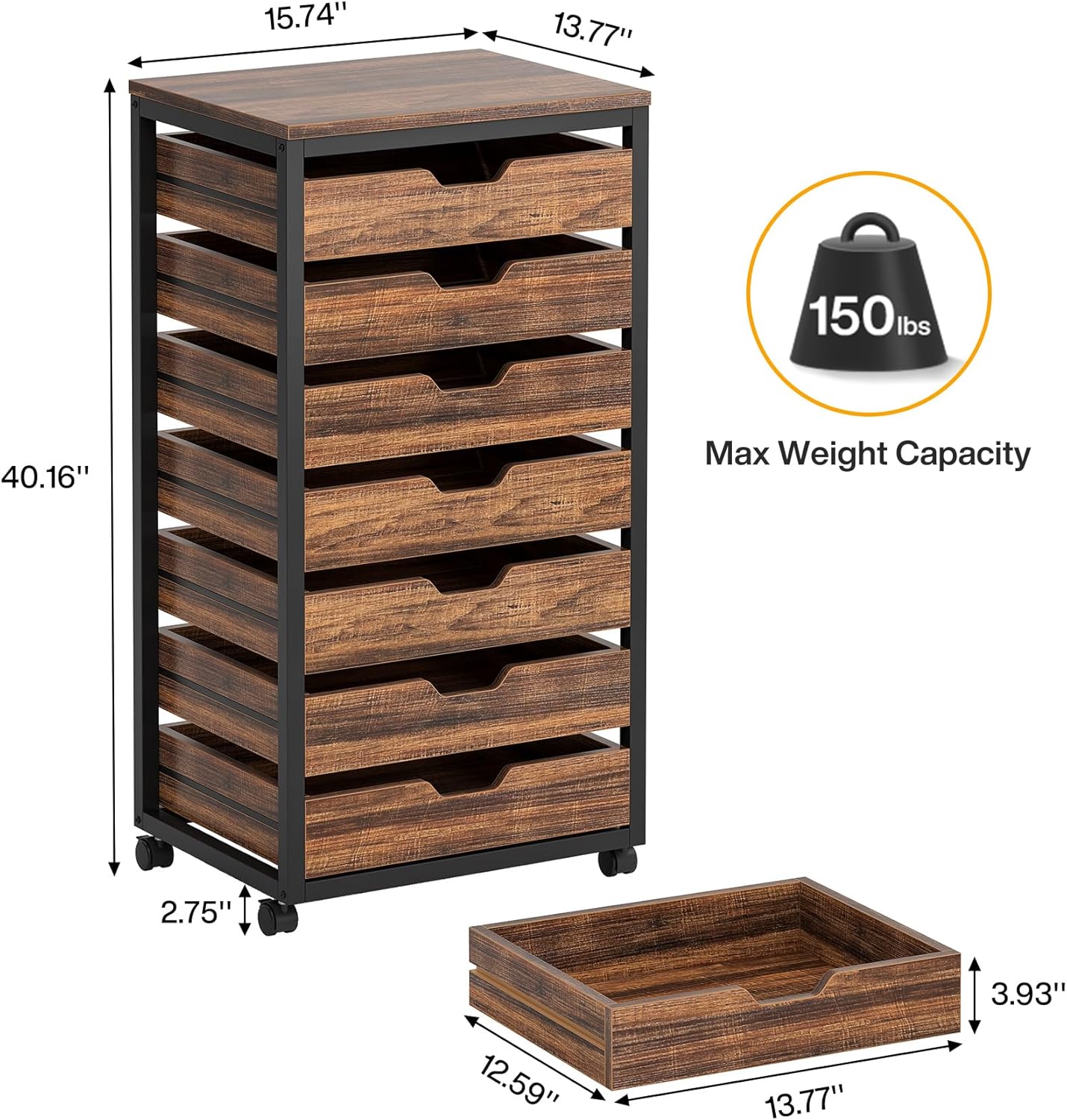 5-Drawer File Cabinet, Wood Mobile Storage Drawer Unit Industrial Office Cabinet with Drawers & Wheels