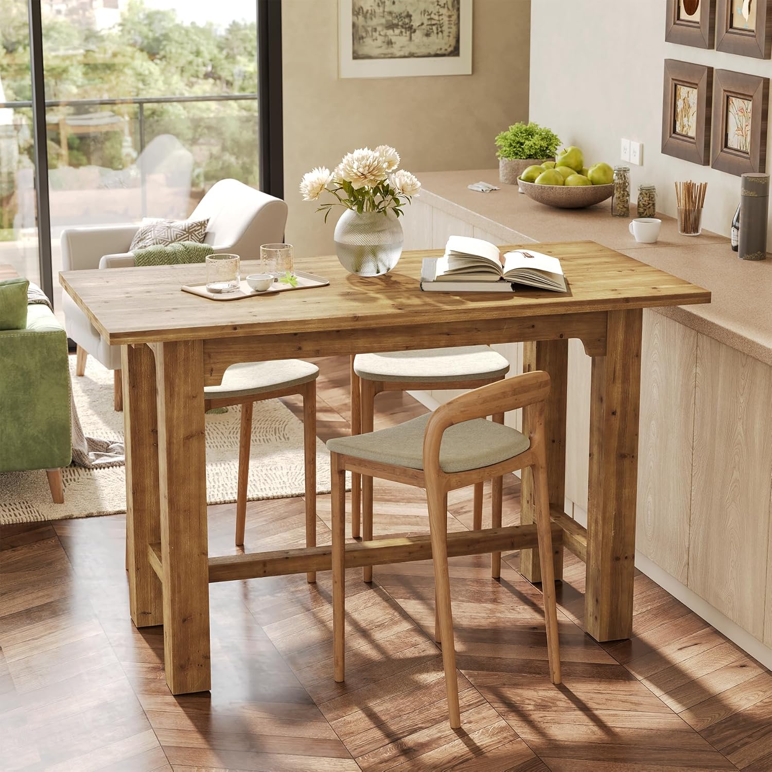 Solid Wood Bar Table, 63" Dining Table Counter Height Pub Table