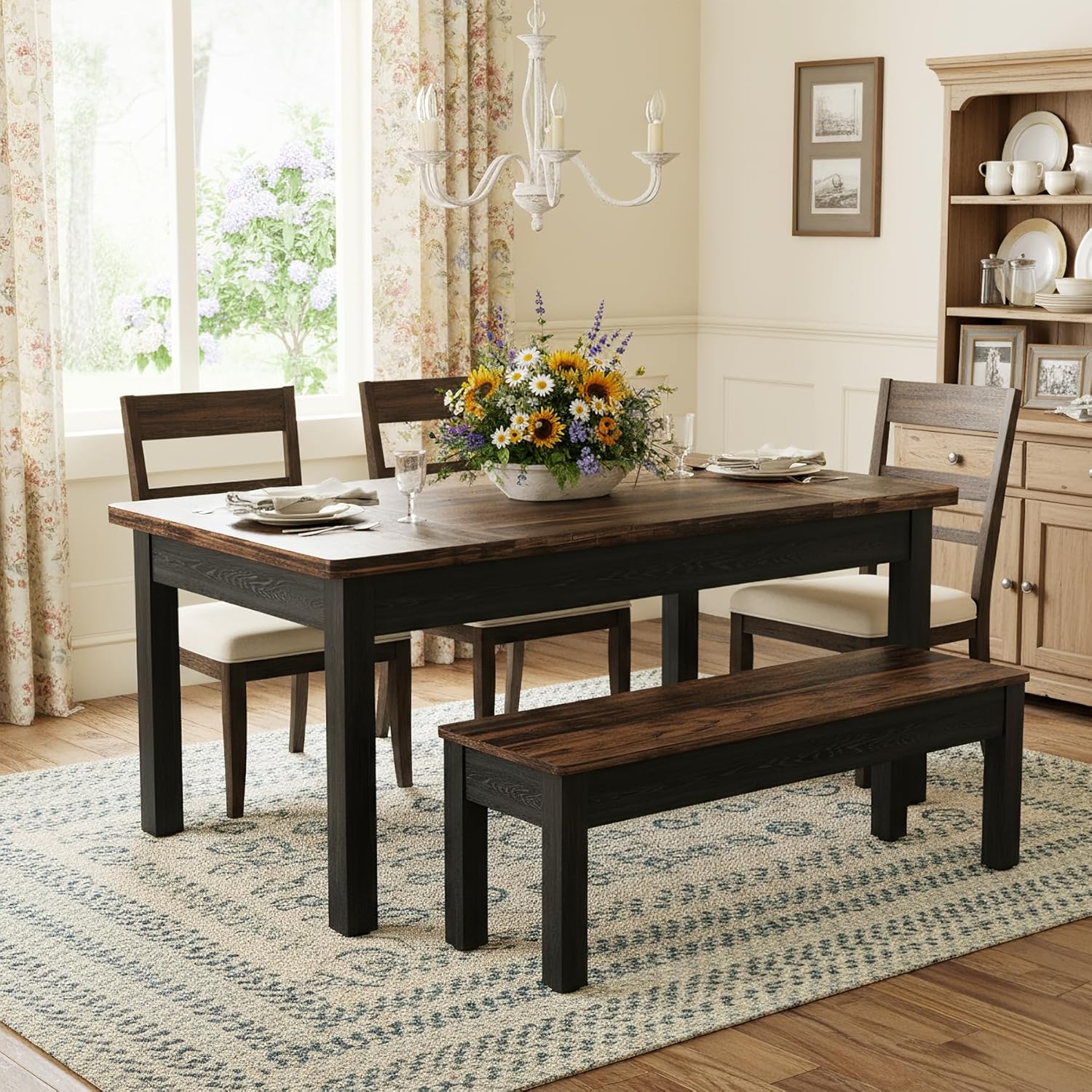 55" Farmhouse Kitchen Table Set for 4–6 People, 3 Piece Space Saving Dining Table with 2 Benches