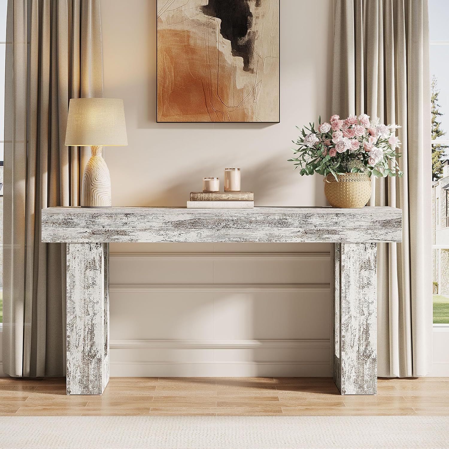 63" Wood Sofa Table, Chunky Console Table for Entryway
