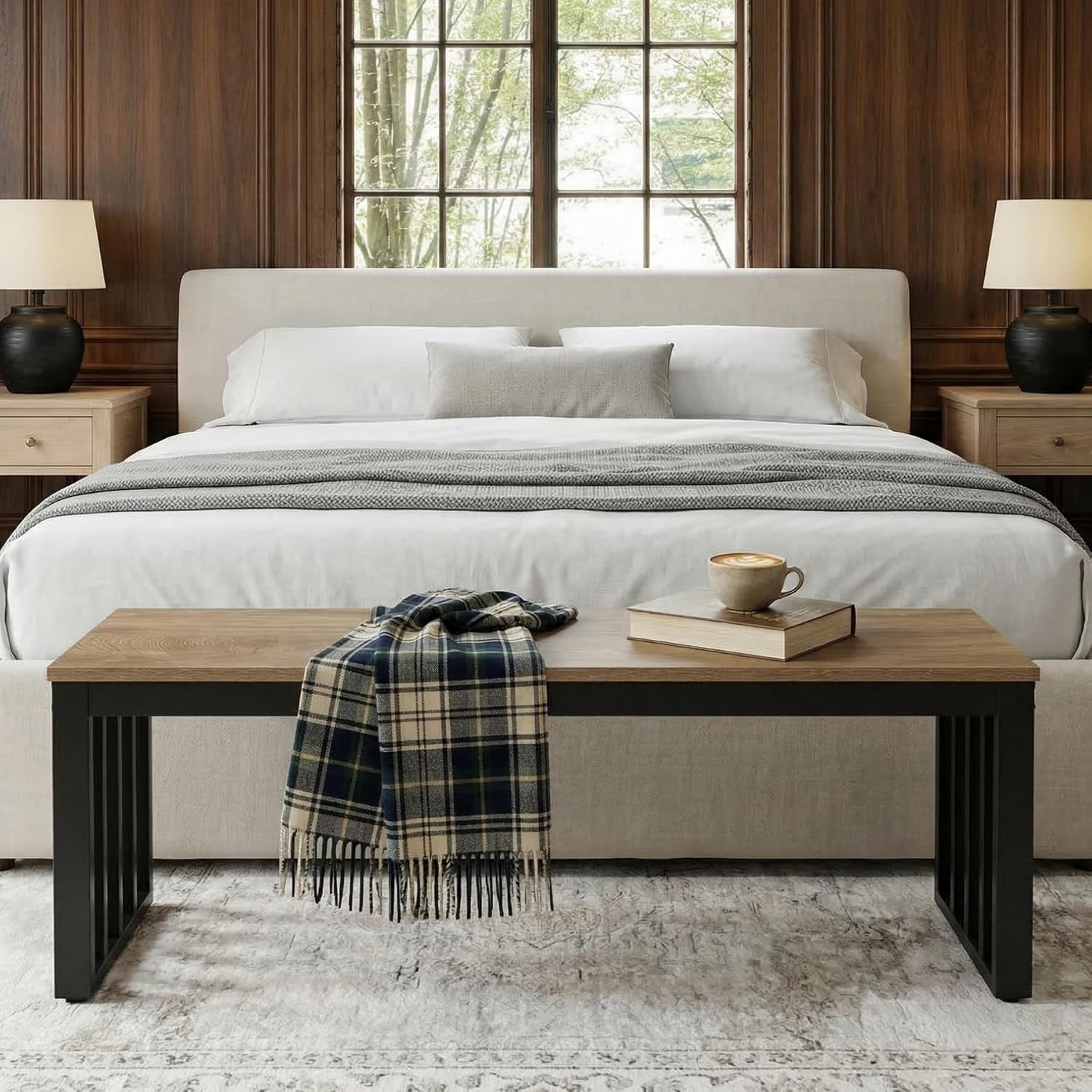 47.3" Entryway Bench, Wooden End of Bed Bench with Sturdy Metal Frame