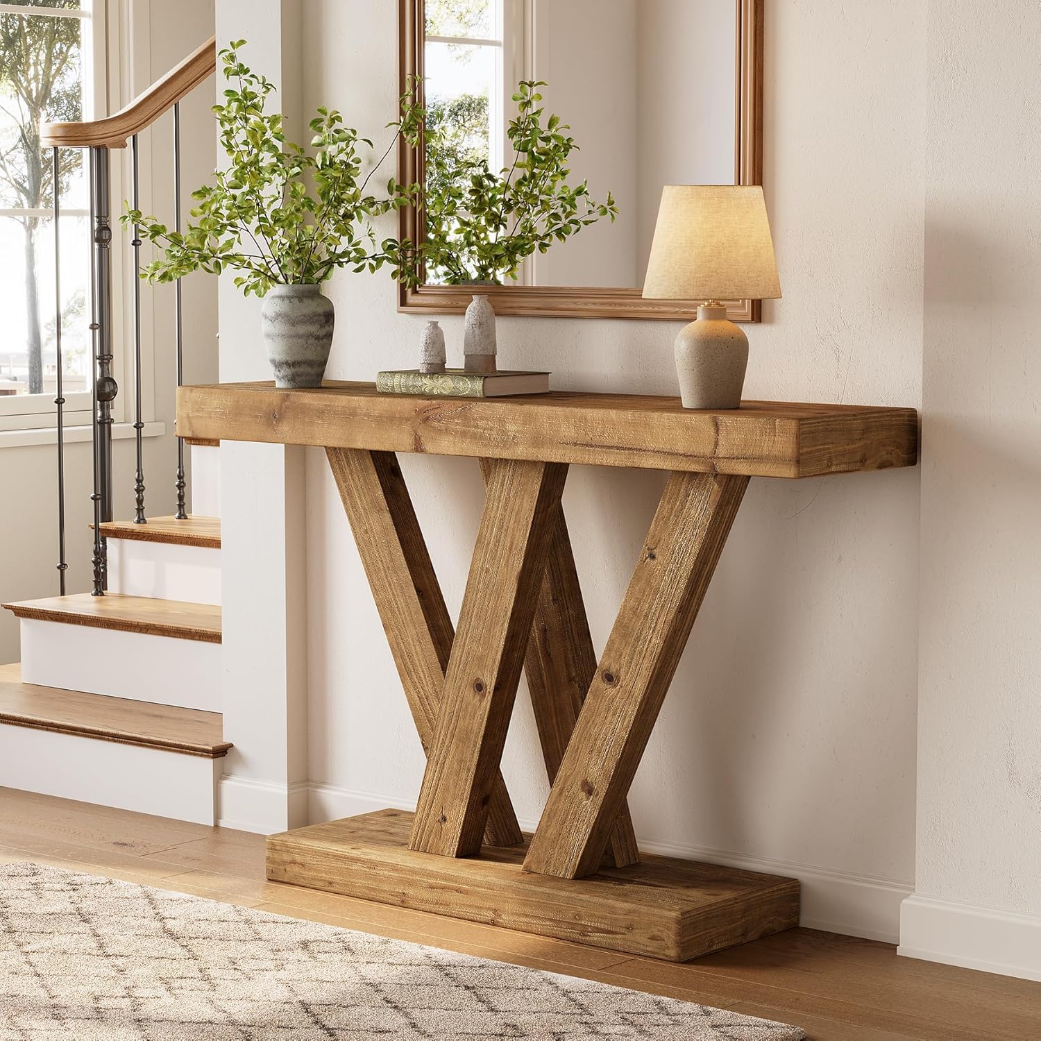 Solid Wood Console Table, 47.2" Farmhouse Sofa Table with Double V - Shape Base Tribesigns