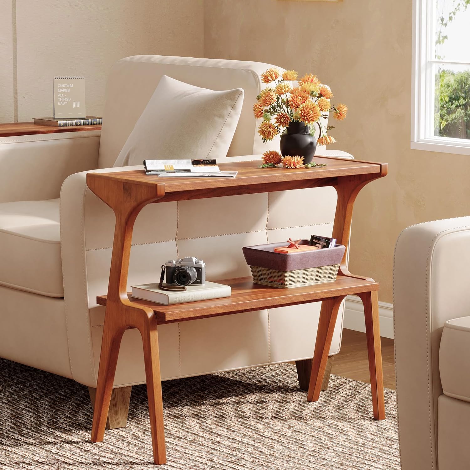 2-Tier Slim End Table, Solid Wood Sofa Side Table with Storage Shelf
