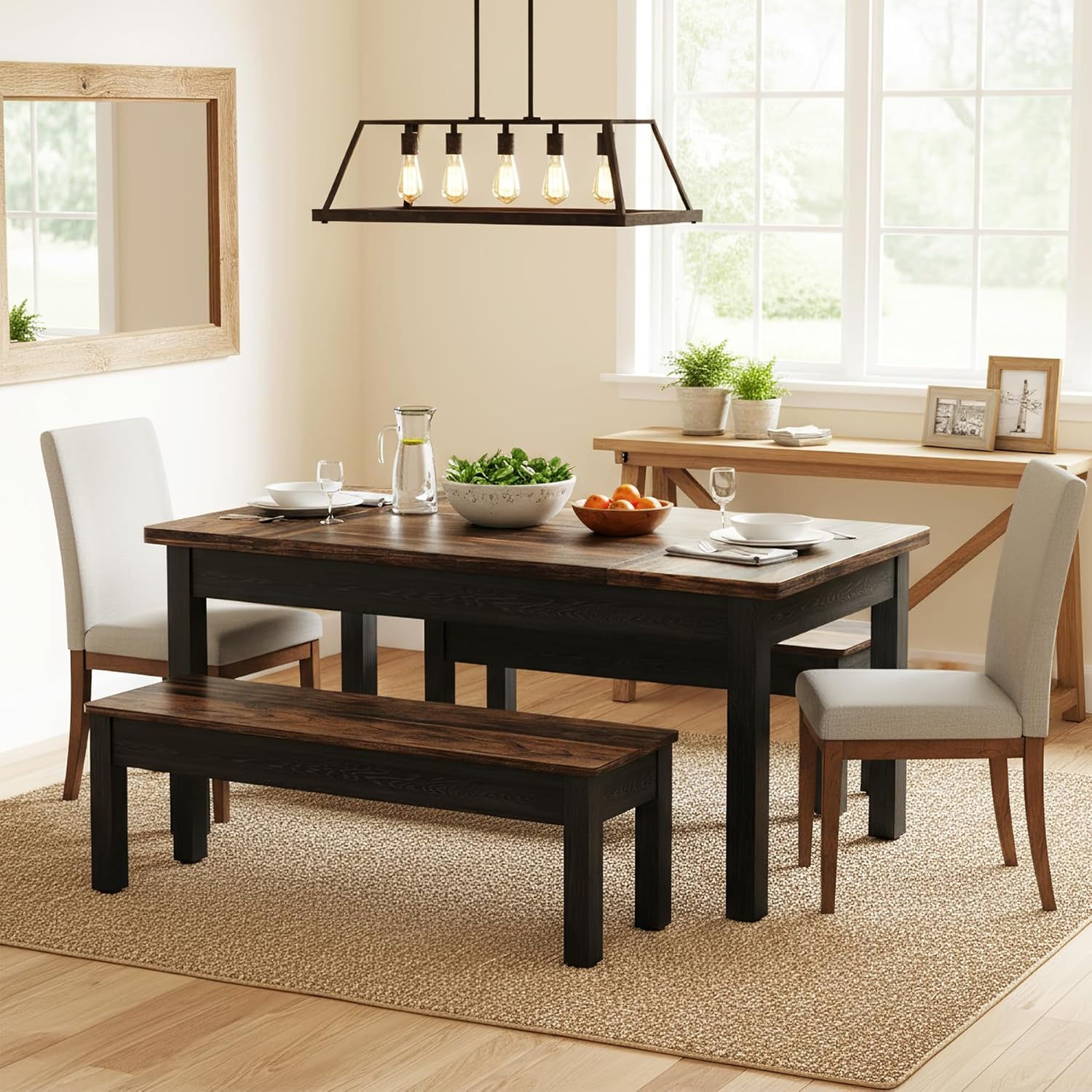 55" Farmhouse Kitchen Table Set for 4–6 People, 3 Piece Space Saving Dining Table with 2 Benches