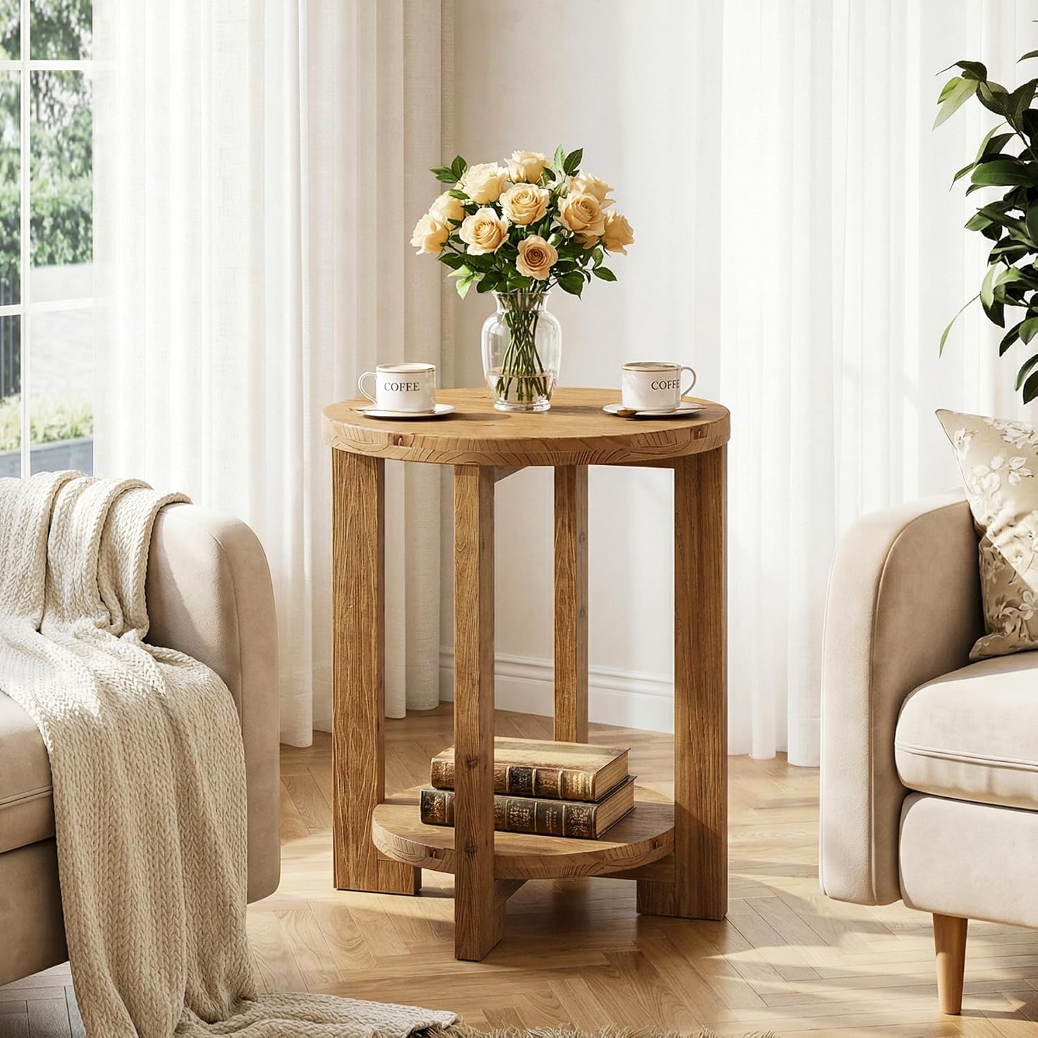 Tribesigns 2-Tier Round End Table, Wooden Accent Table