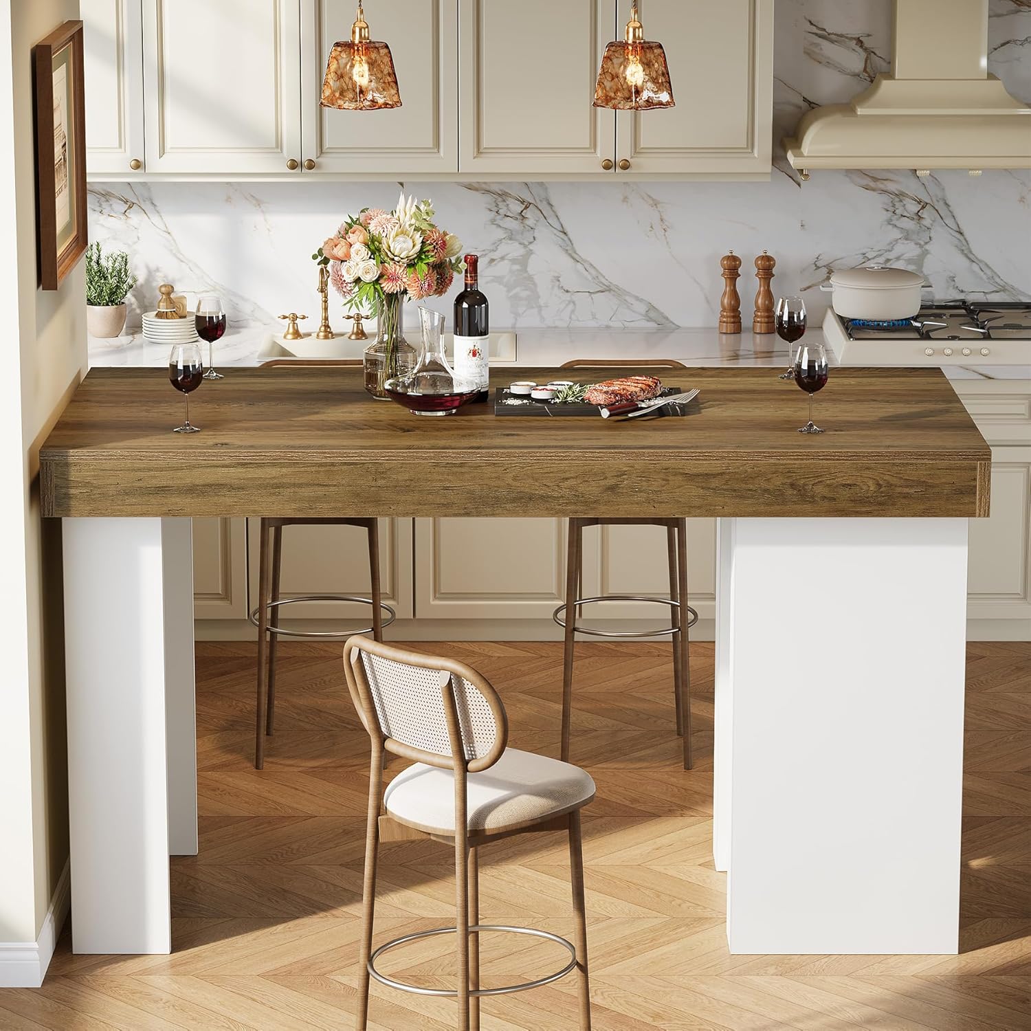 55" Bar Table, Farmhouse Counter Height Table with 3-Tier Storage Shelves