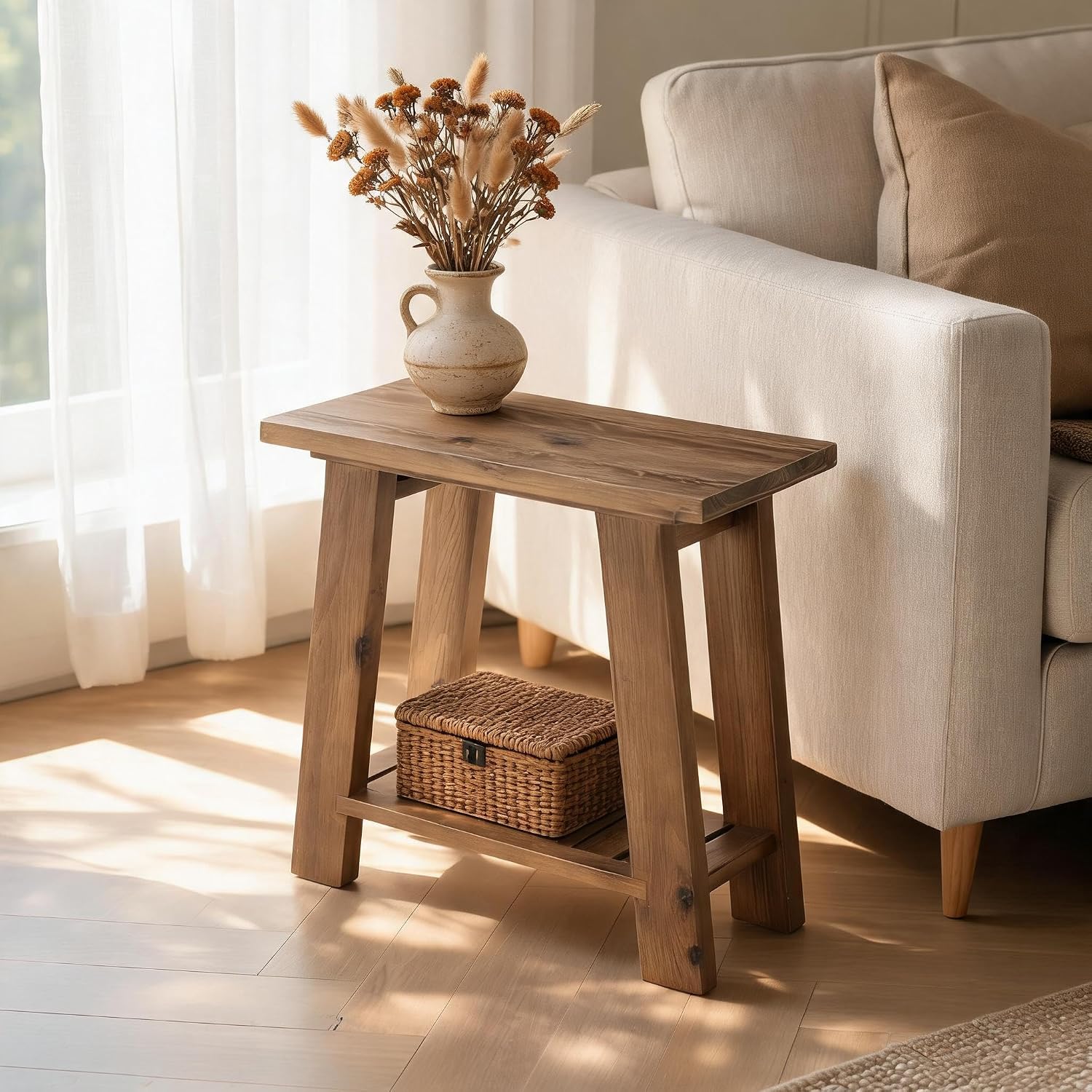 23.6" Solid Wood End Table, Narrow Side Table for Sofa Couch with Shelves