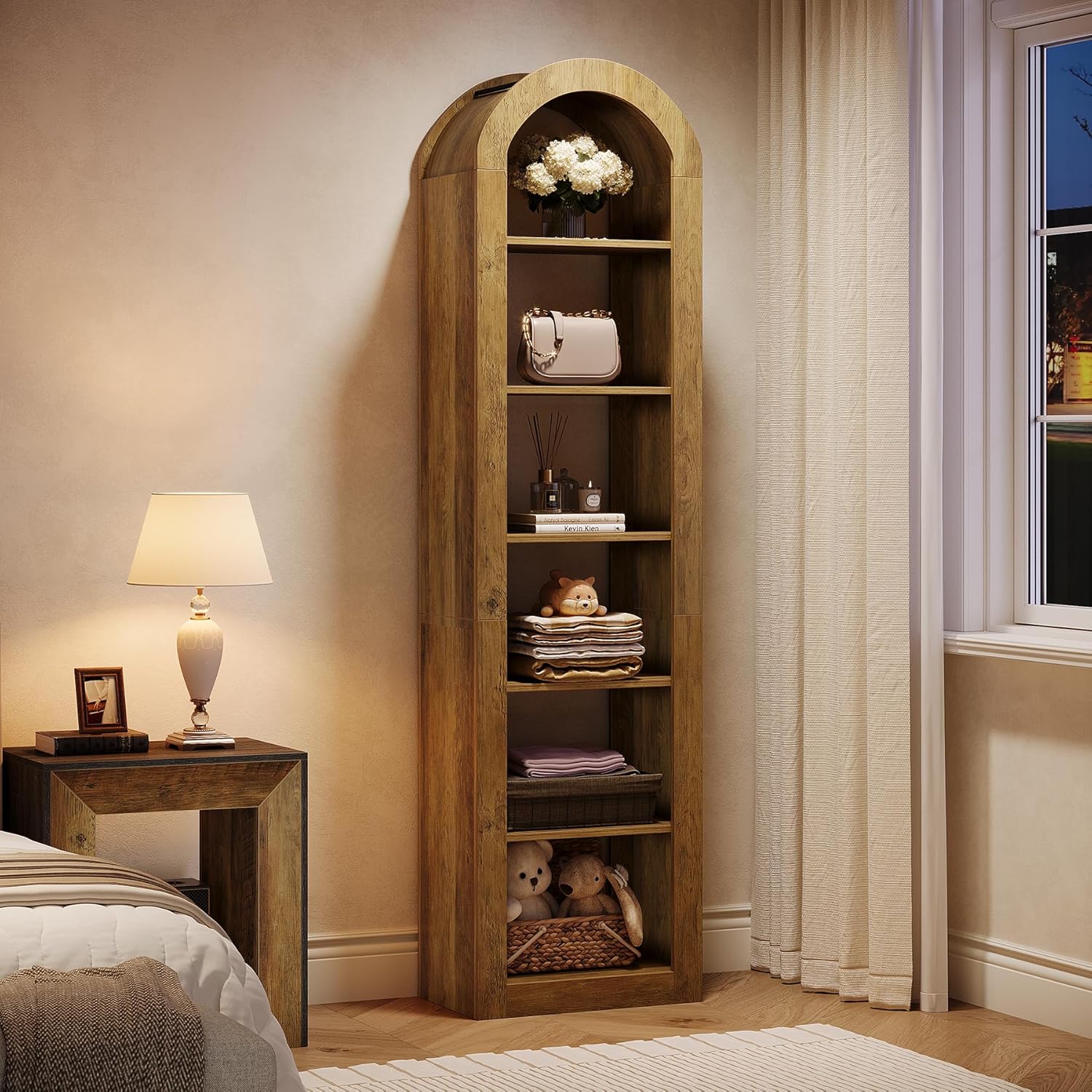74.8" Arched Bookshelf, 6-Tier Narrow Open Bookcase Display Shelf