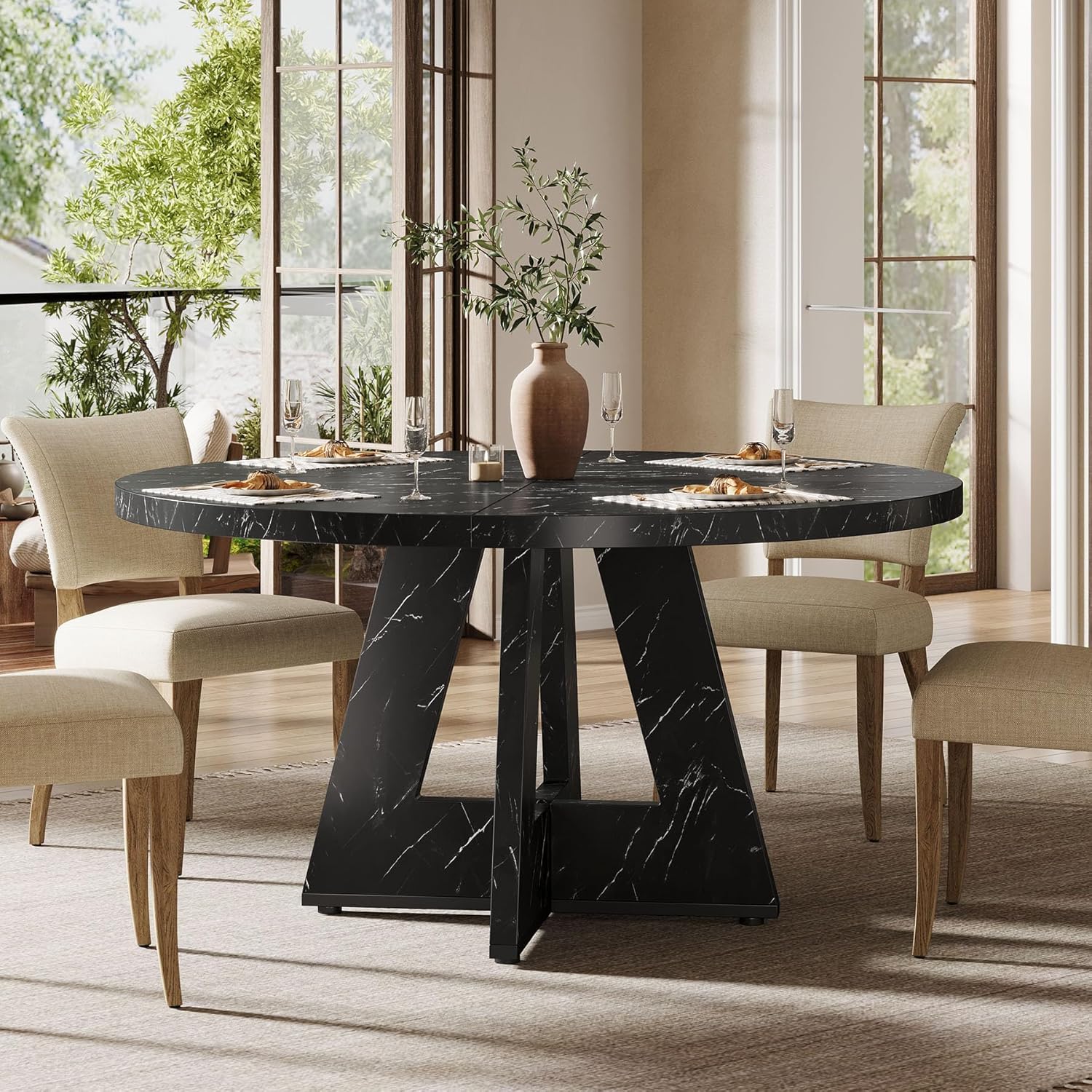 47-Inch Round Farmhouse Dining Table for 4–6 with Cross-Style Pedestal Base
