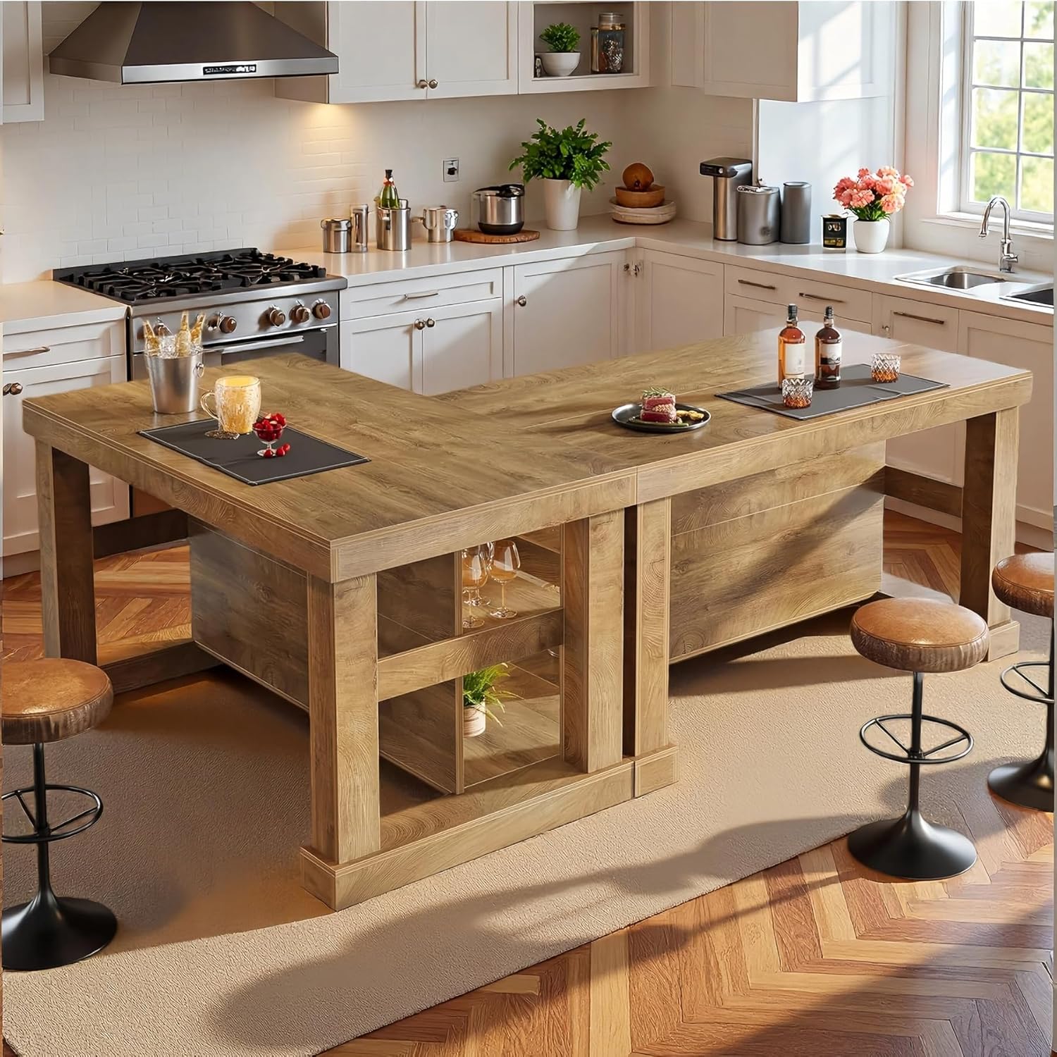 55" Counter Height Bar Table with Storage Shelves, Rectangular Kitchen Table for 6