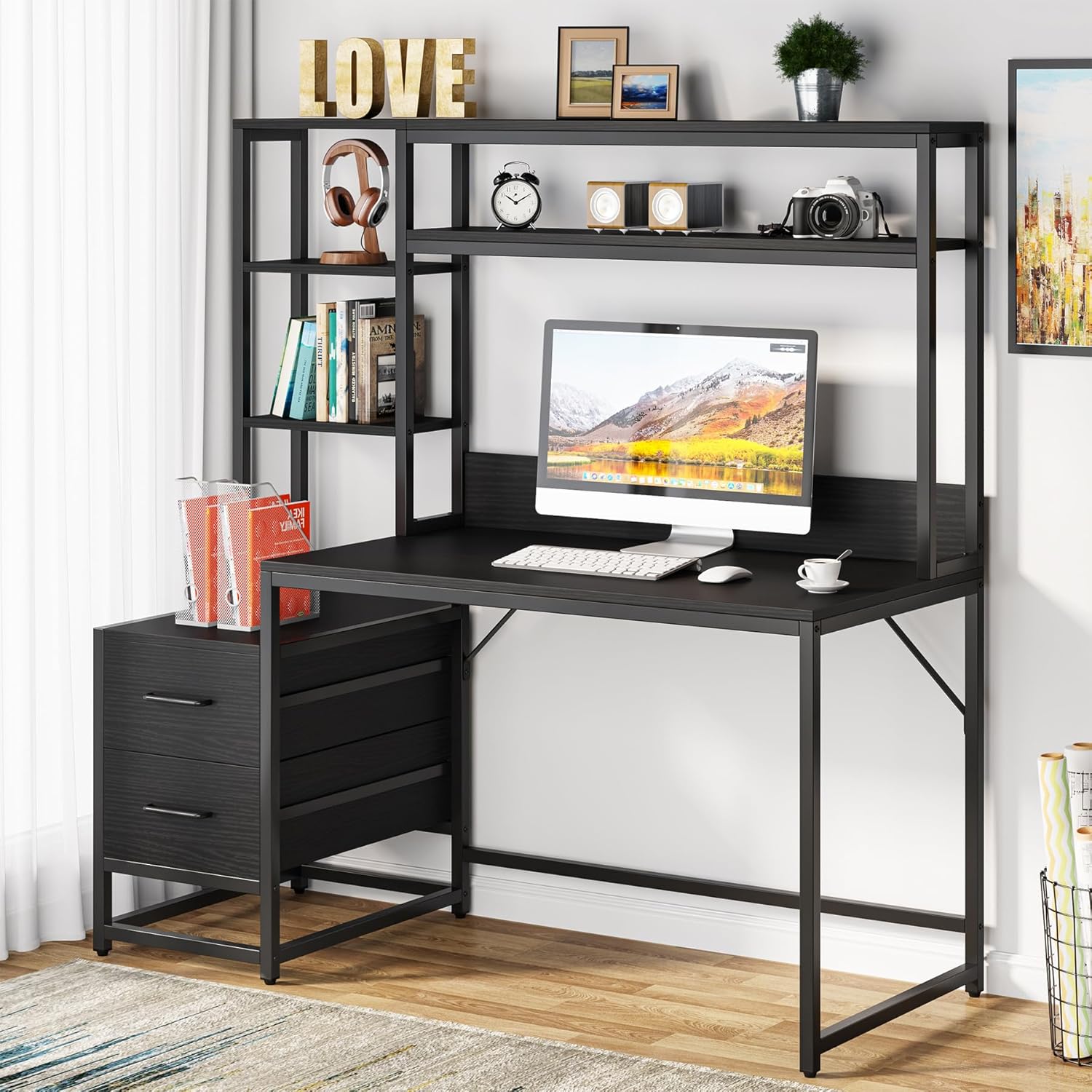 Tribesigns 55 Inch Computer Desk with Storage Shelves, Rustic Office Desk with Drawers