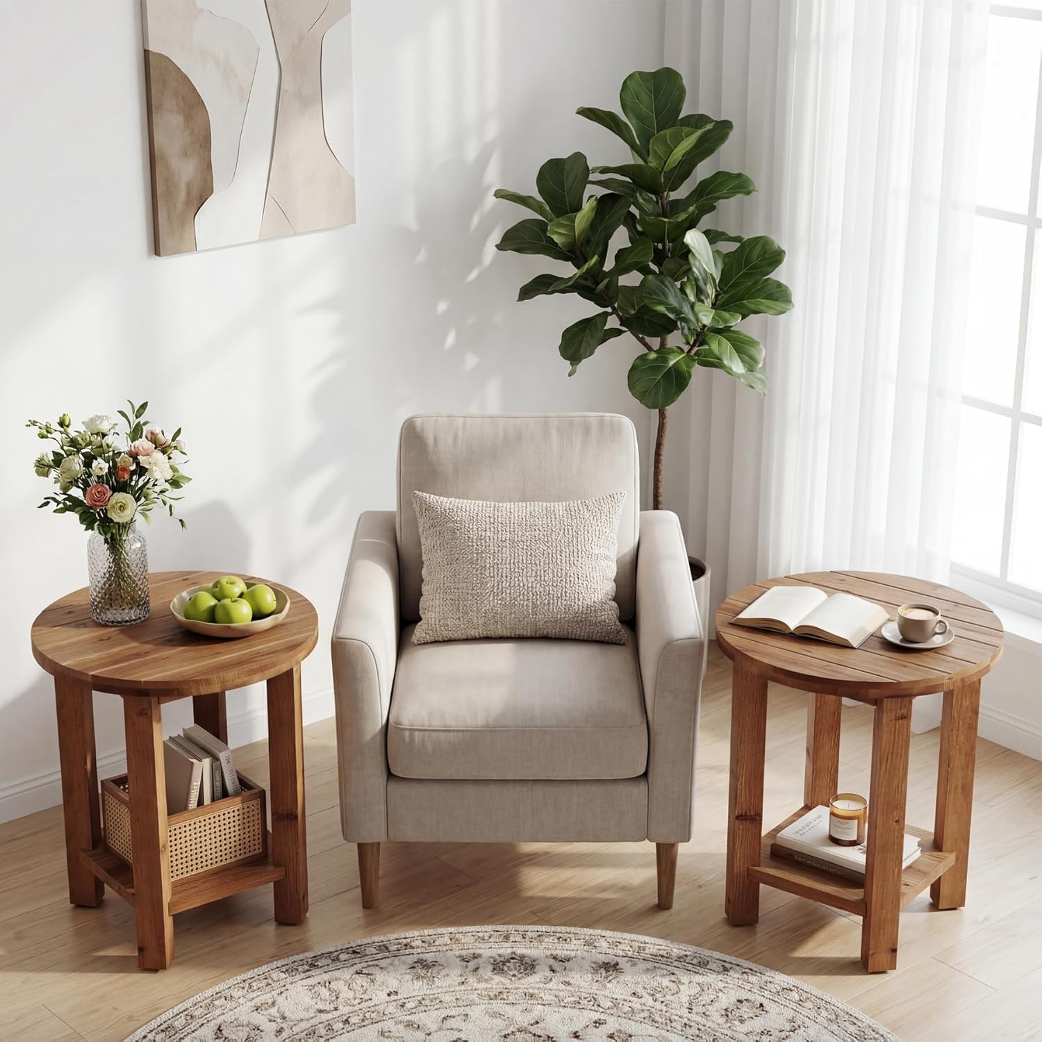 2-Tier End Table, Solid Wood Round Side Table with Grooved Textured Tabletop