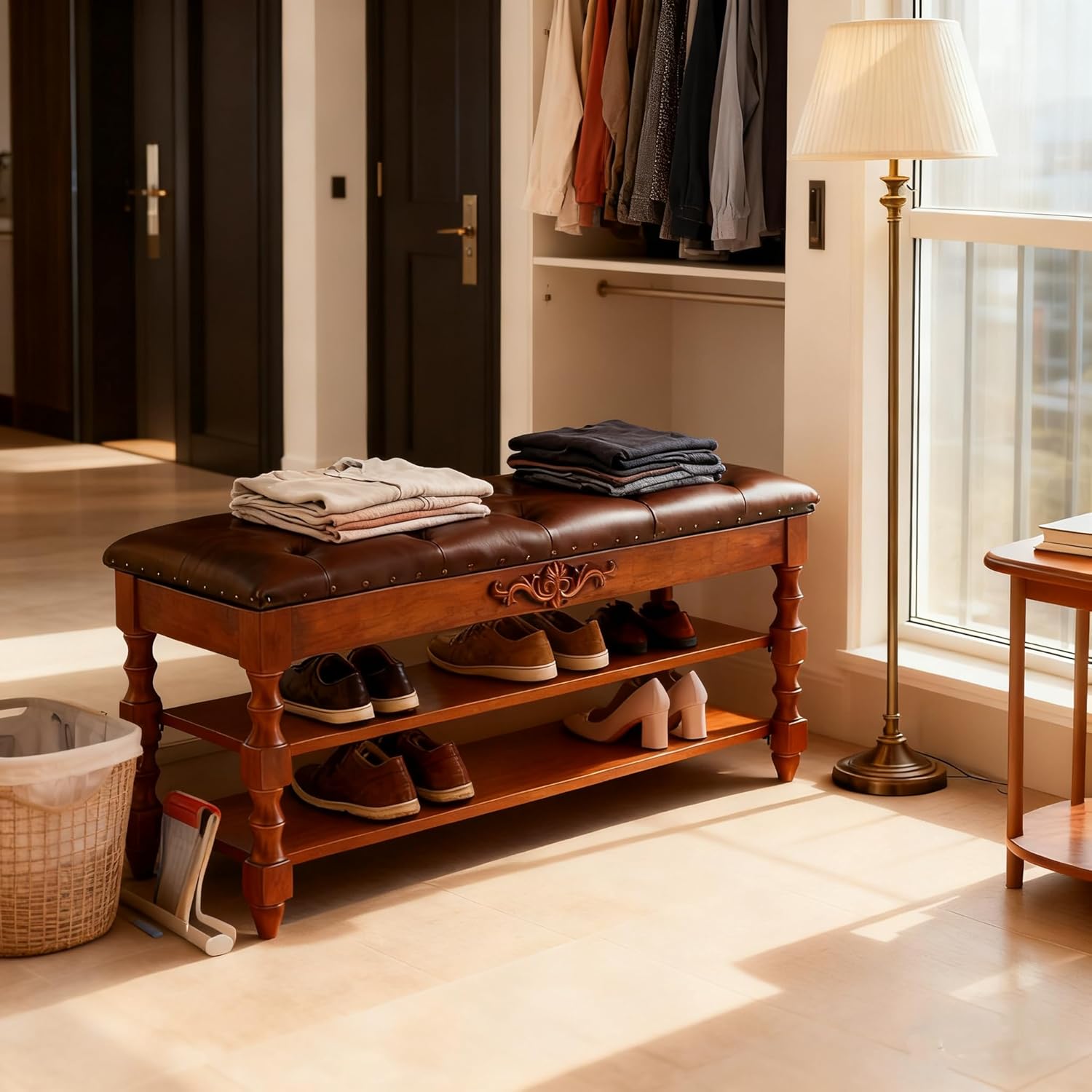 39" Storage Bench, Solid Wood Shoe Bench 8-10 Pair Shoe Organizer with Lift Top