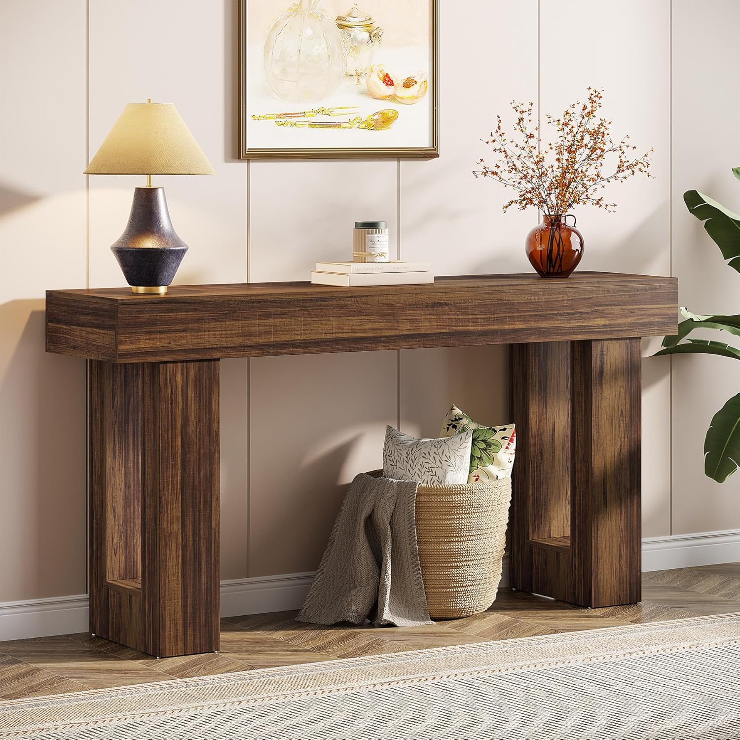 63" Wood Sofa Table, Chunky Console Table for Entryway