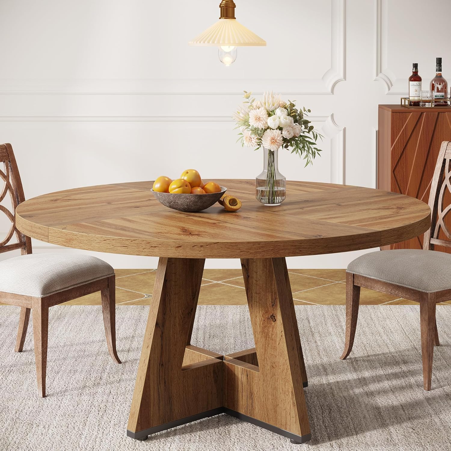 47-Inch Round Farmhouse Dining Table for 4–6 with Cross-Style Pedestal Base