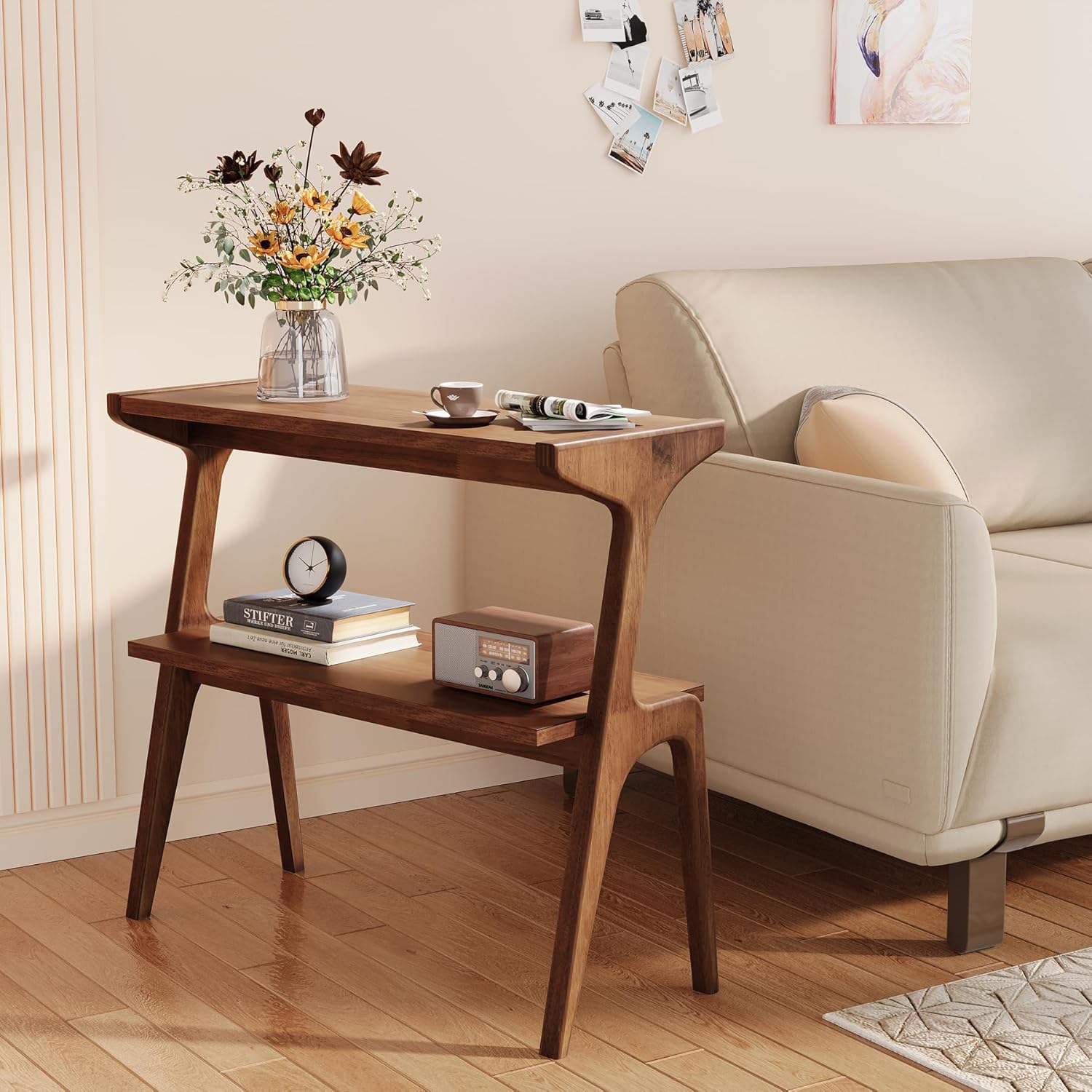 2-Tier Slim End Table, Solid Wood Sofa Side Table with Storage Shelf