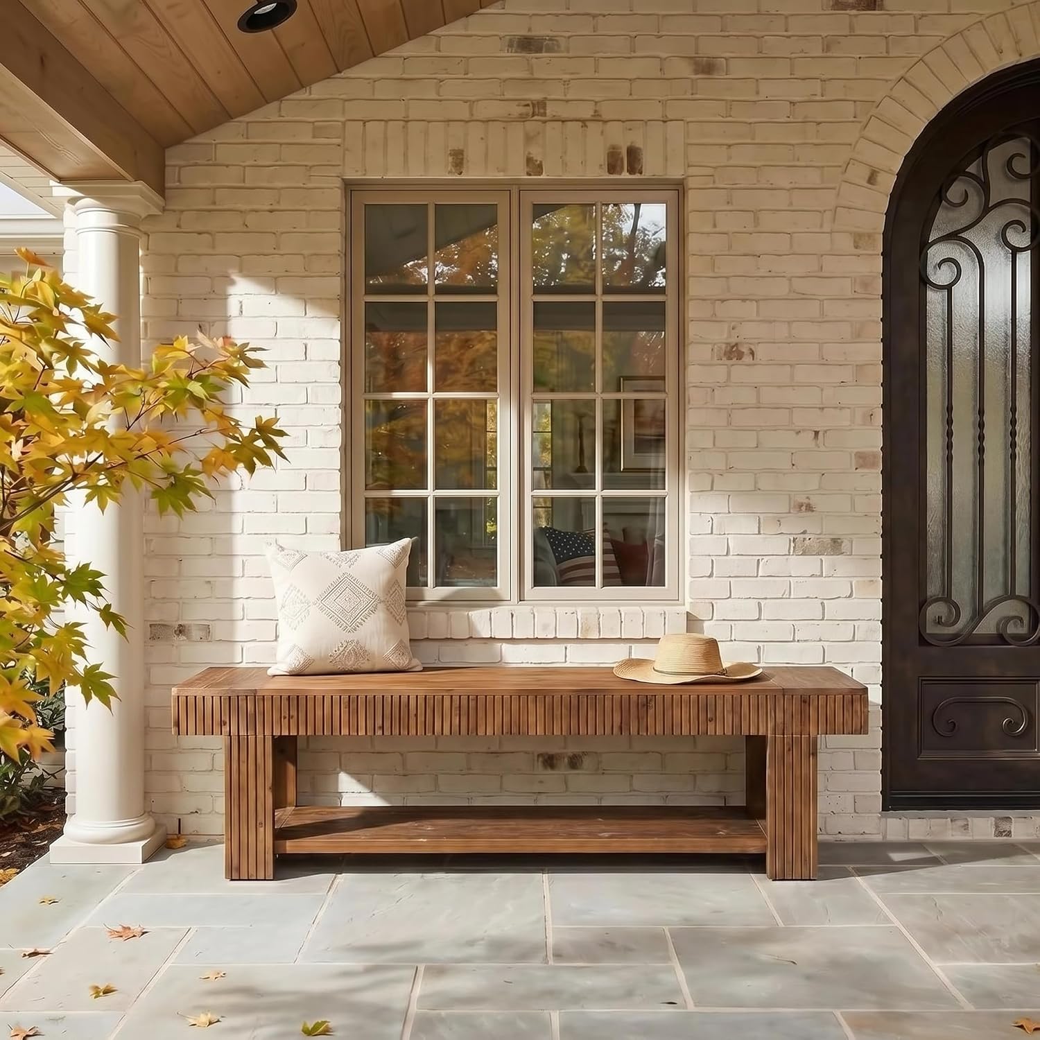 71 Inch Fluted Entryway Bench, Solid Wood Shoe Bench with Storage Shelf for Hallway