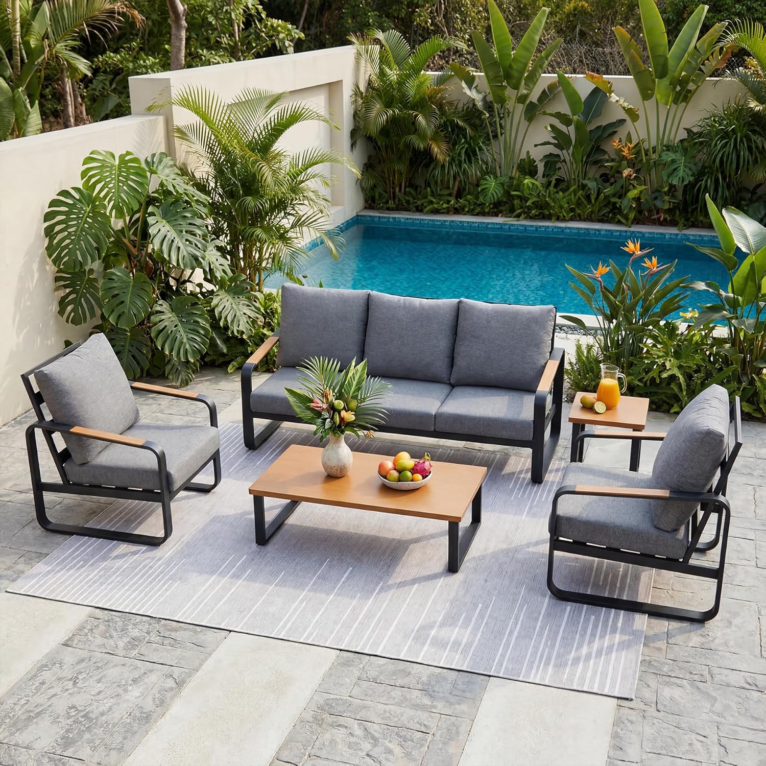 5-Piece Patio Furniture Set Outdoor Conversation Sets with Sofas & Coffee Table & Side Table