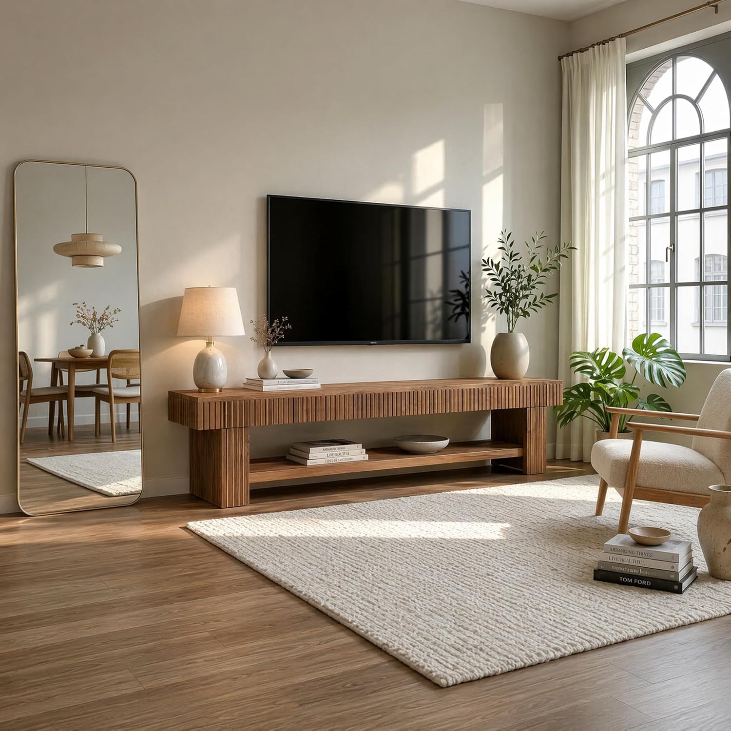 71 Inch Fluted Solid Wood TV Stand, Rustic Farmhouse Media Console with Open Storage for Living Room