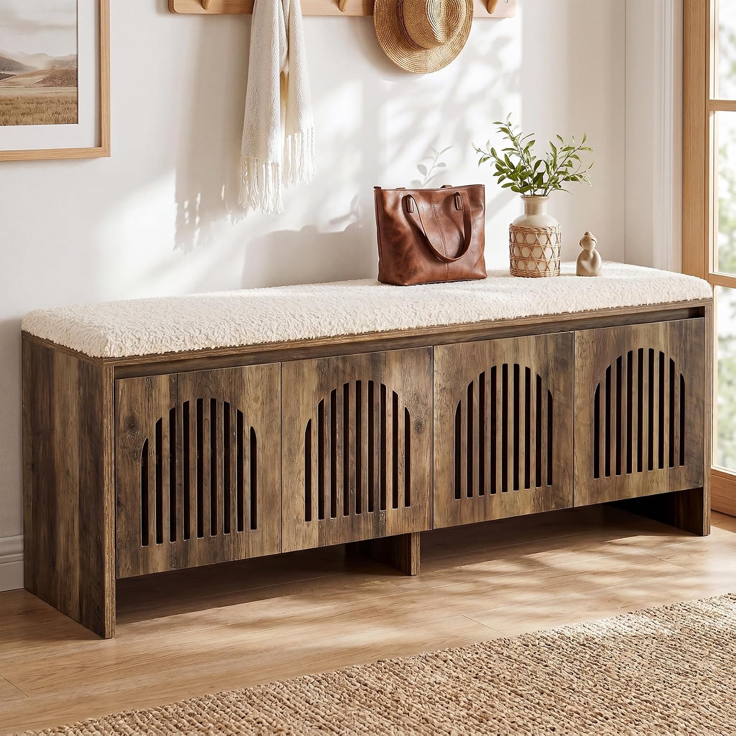 55" Upholstered Shoe Storage Bench, 2-Tier Entryway Bench with Storage Shelves