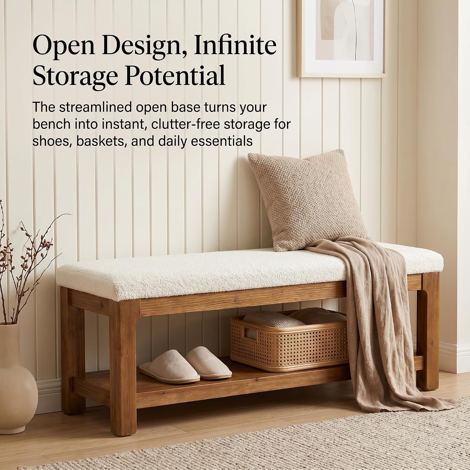 55" Entryway Bench, Solid Wood Upholstered Ottoman Bedroom Bench
