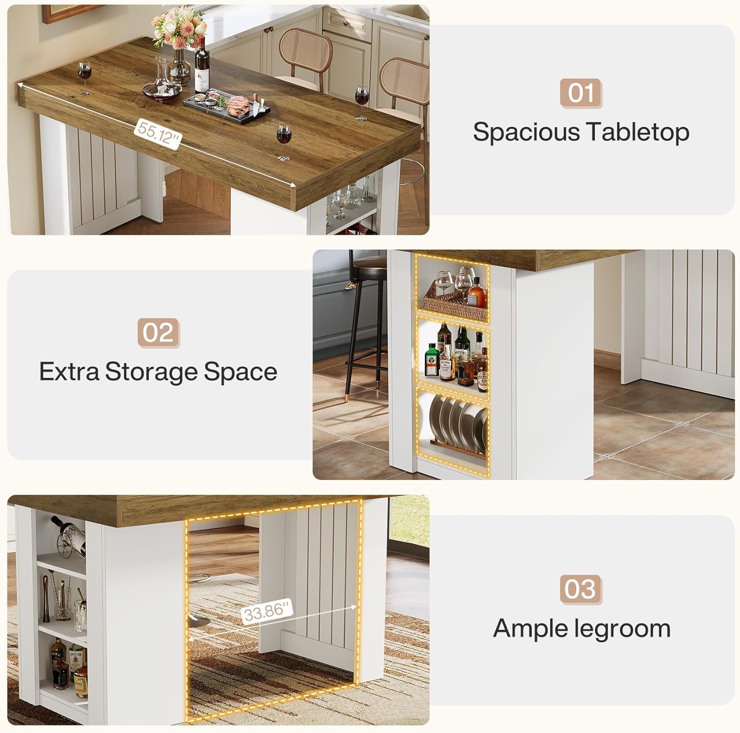 55" Bar Table, Farmhouse Counter Height Table with 3-Tier Storage Shelves