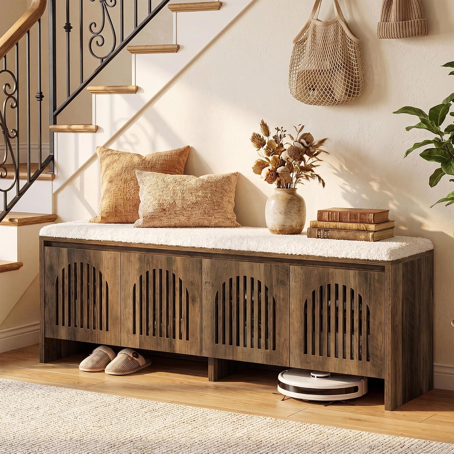 55" Upholstered Shoe Storage Bench, 2-Tier Entryway Bench with Storage Shelves
