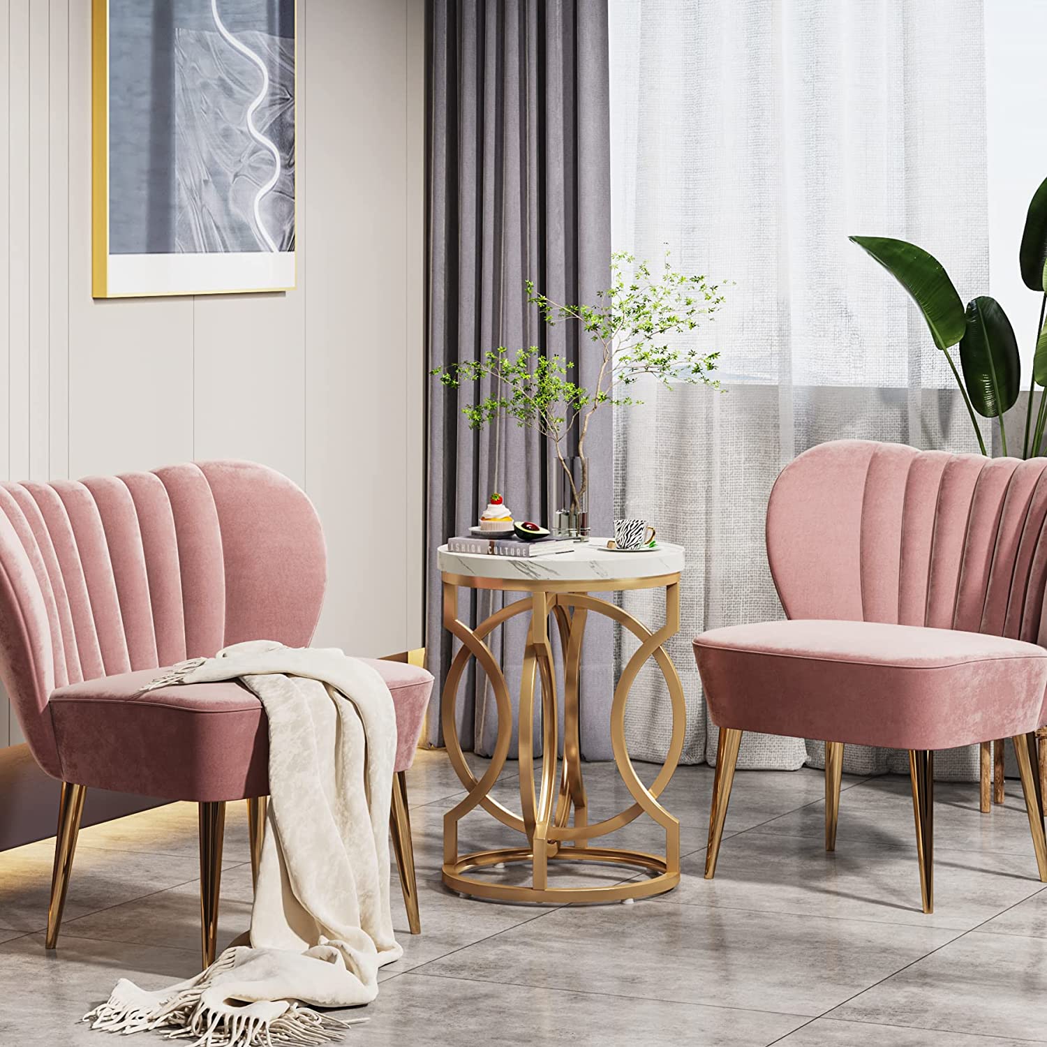 End Table, Round Side Table with Faux Marble Top, Modern Bedside Table Tribesigns