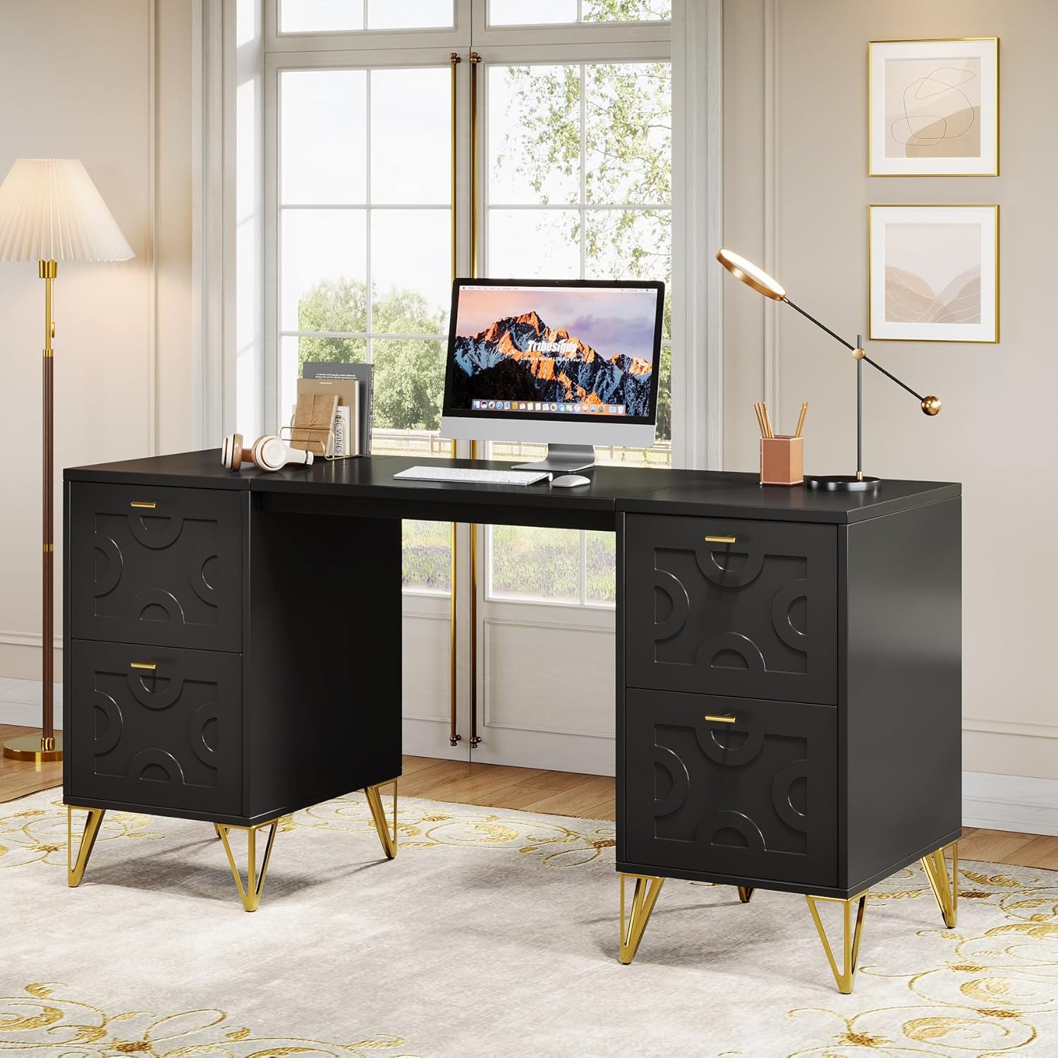 59" Computer Desk with File Drawers, Wood Executive Desk for Home Office