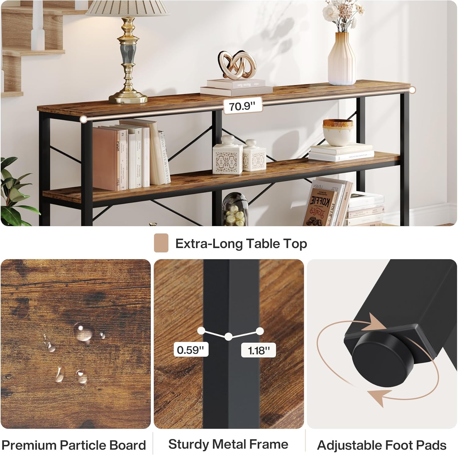Tribesigns 70.9-Inch Extra Long Console Table, 3-Tier Industrial Sofa Table with Storage