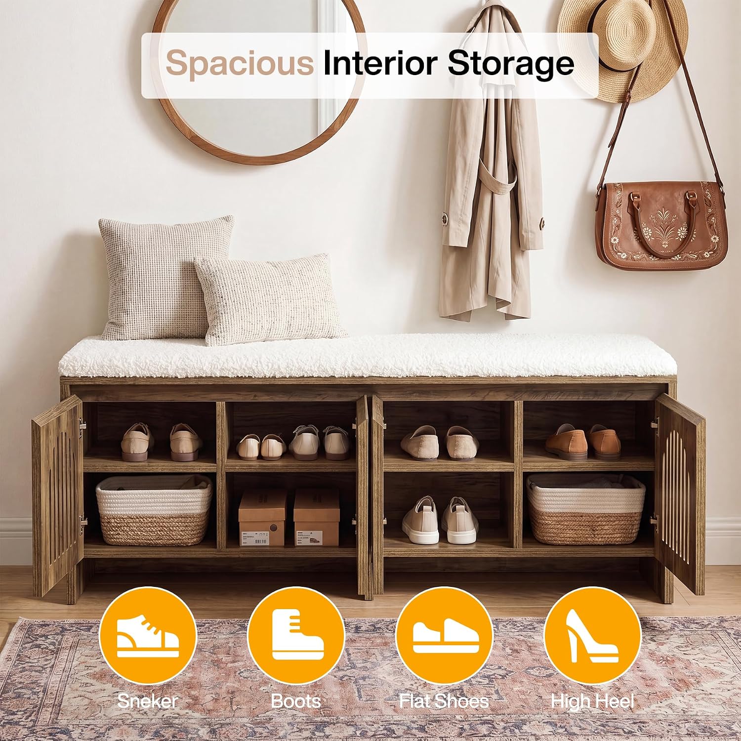 55" Upholstered Shoe Storage Bench, 2-Tier Entryway Bench with Storage Shelves