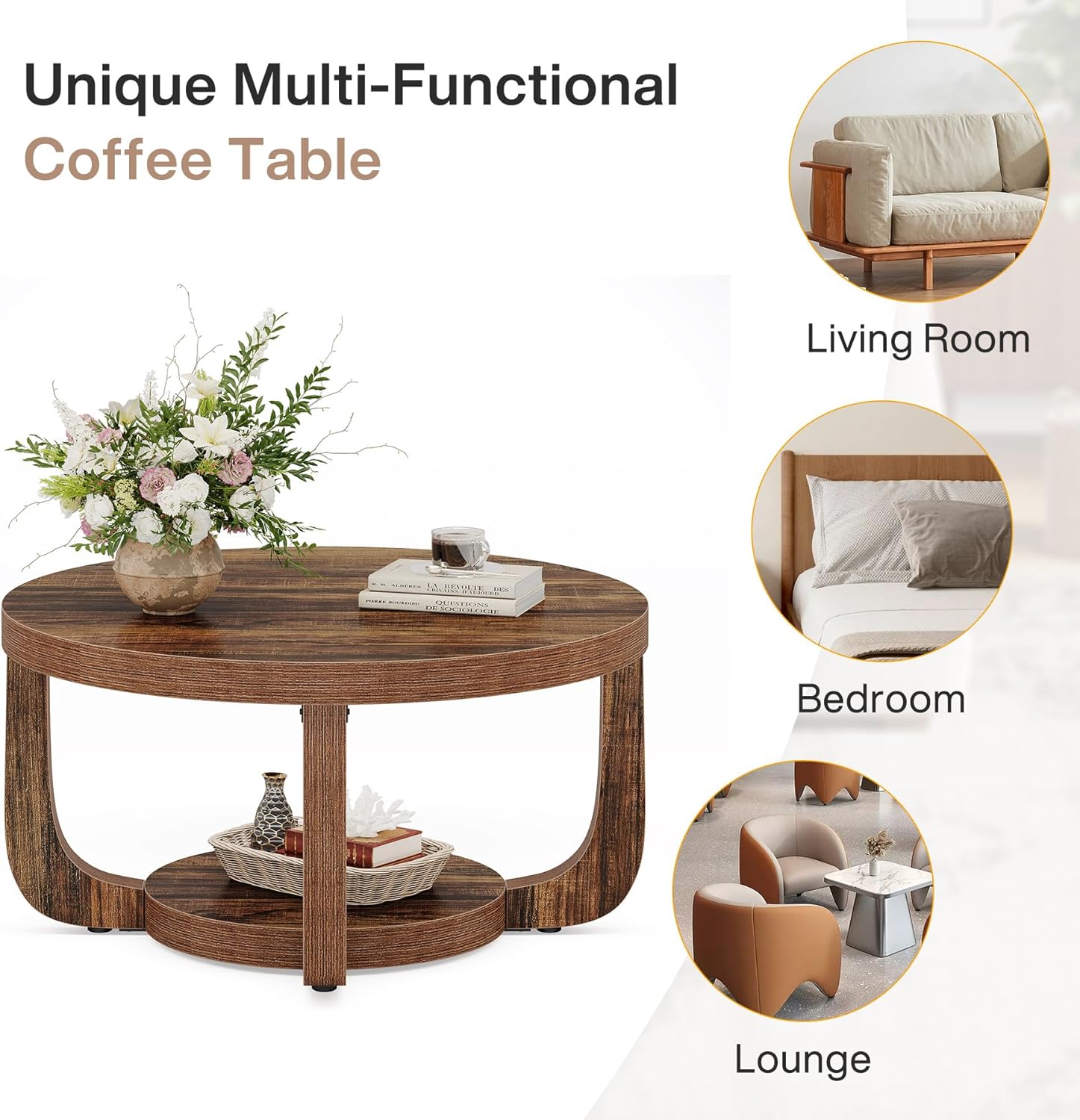 31.5" Coffee Table, Modern 2 - Tier Circle Center Table with Storage Tribesigns