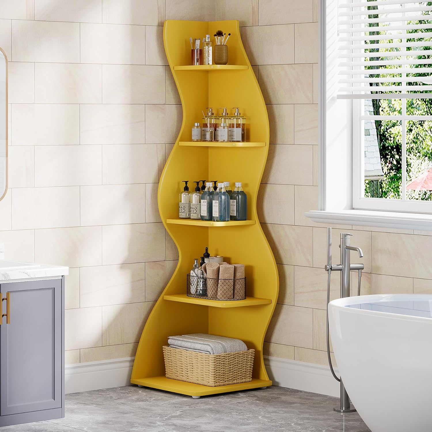 Tribesigns Wavy Corner Shelf, Modern 5-Tier Curved Bookshelf for Small Spaces