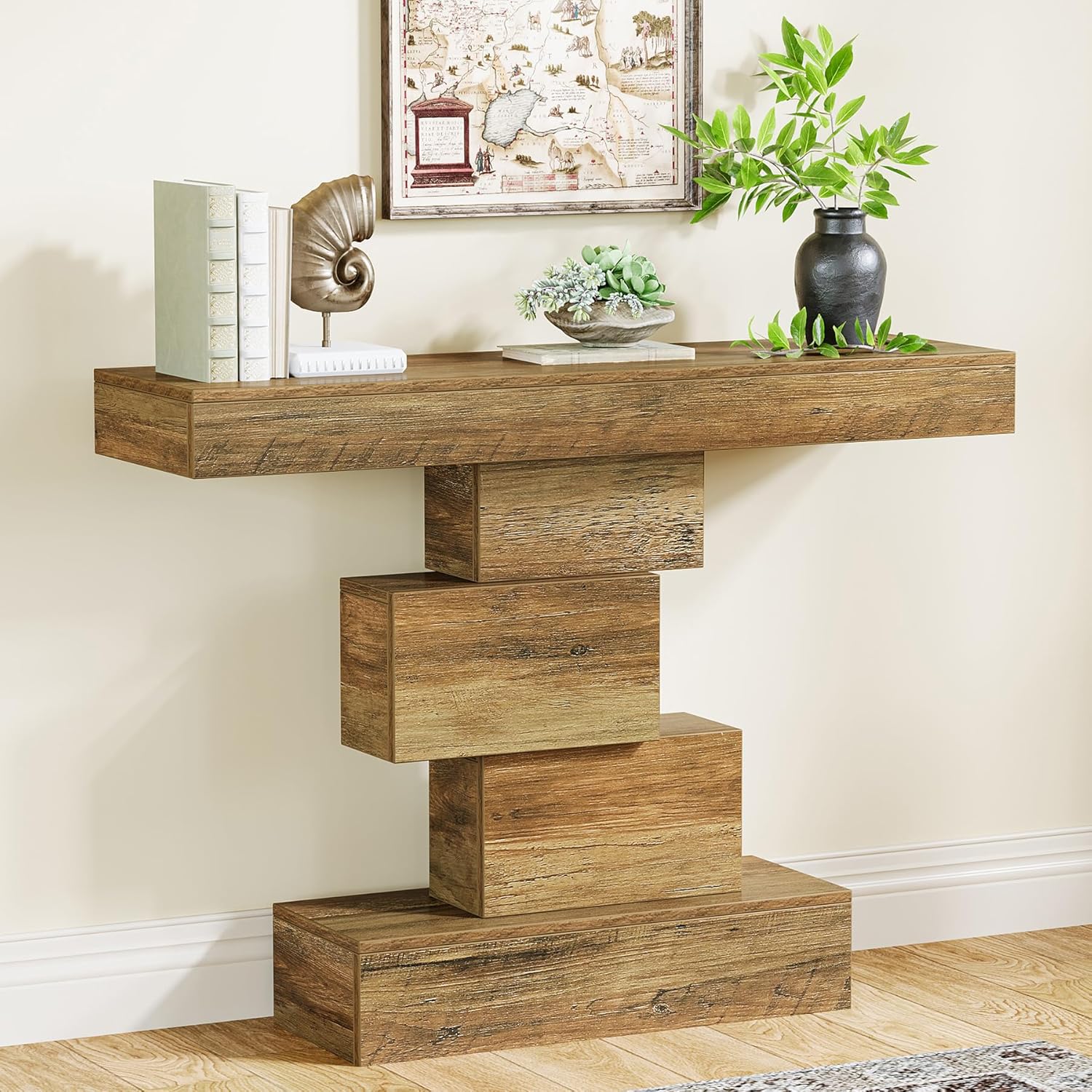 42.5" Rustic Brown Farmhouse Console, Industrial Geometric Sofa Table for Hallway Entrance