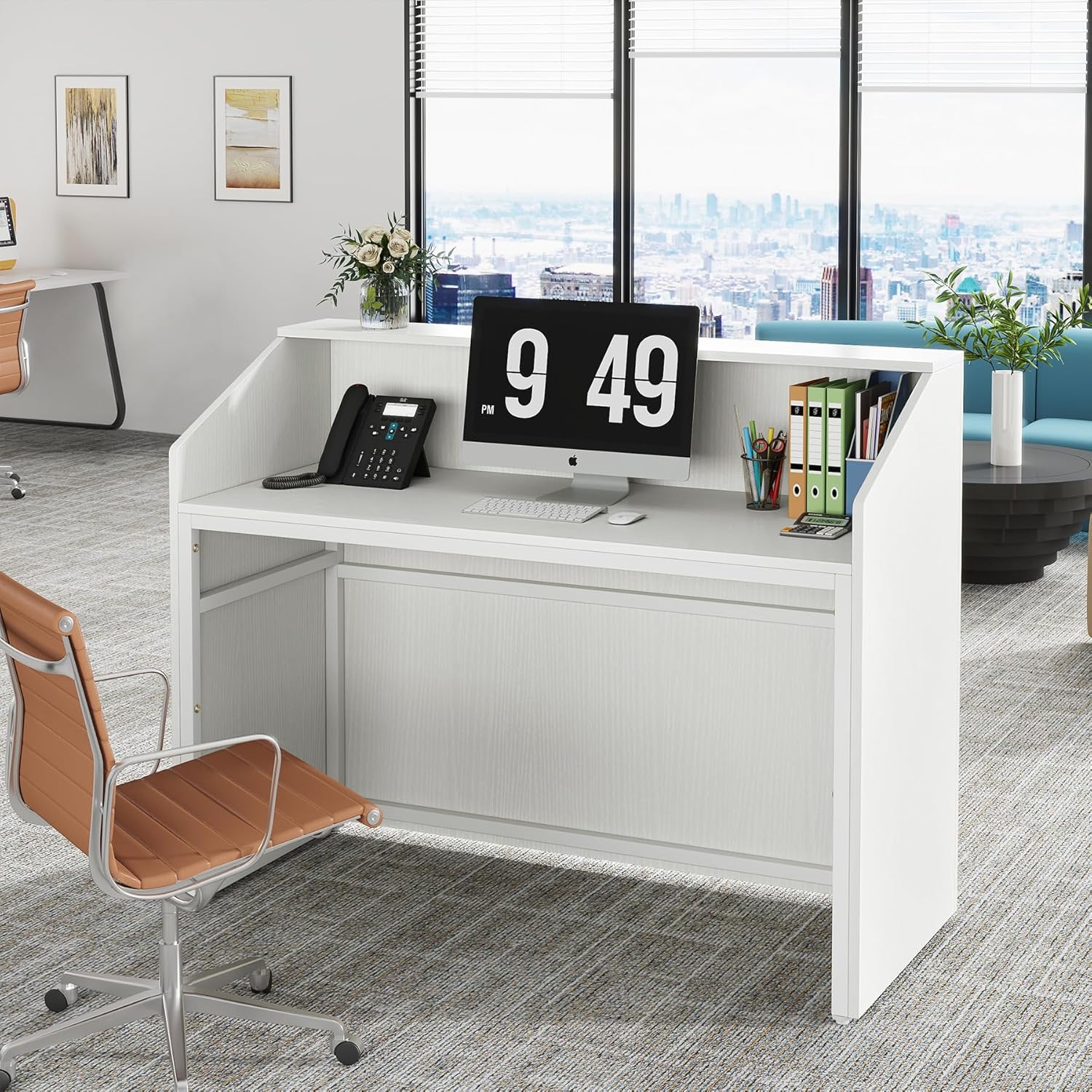 46.46" Modern Reception Desk, White Front Counter with Cable Grommet for Salon and Home Office