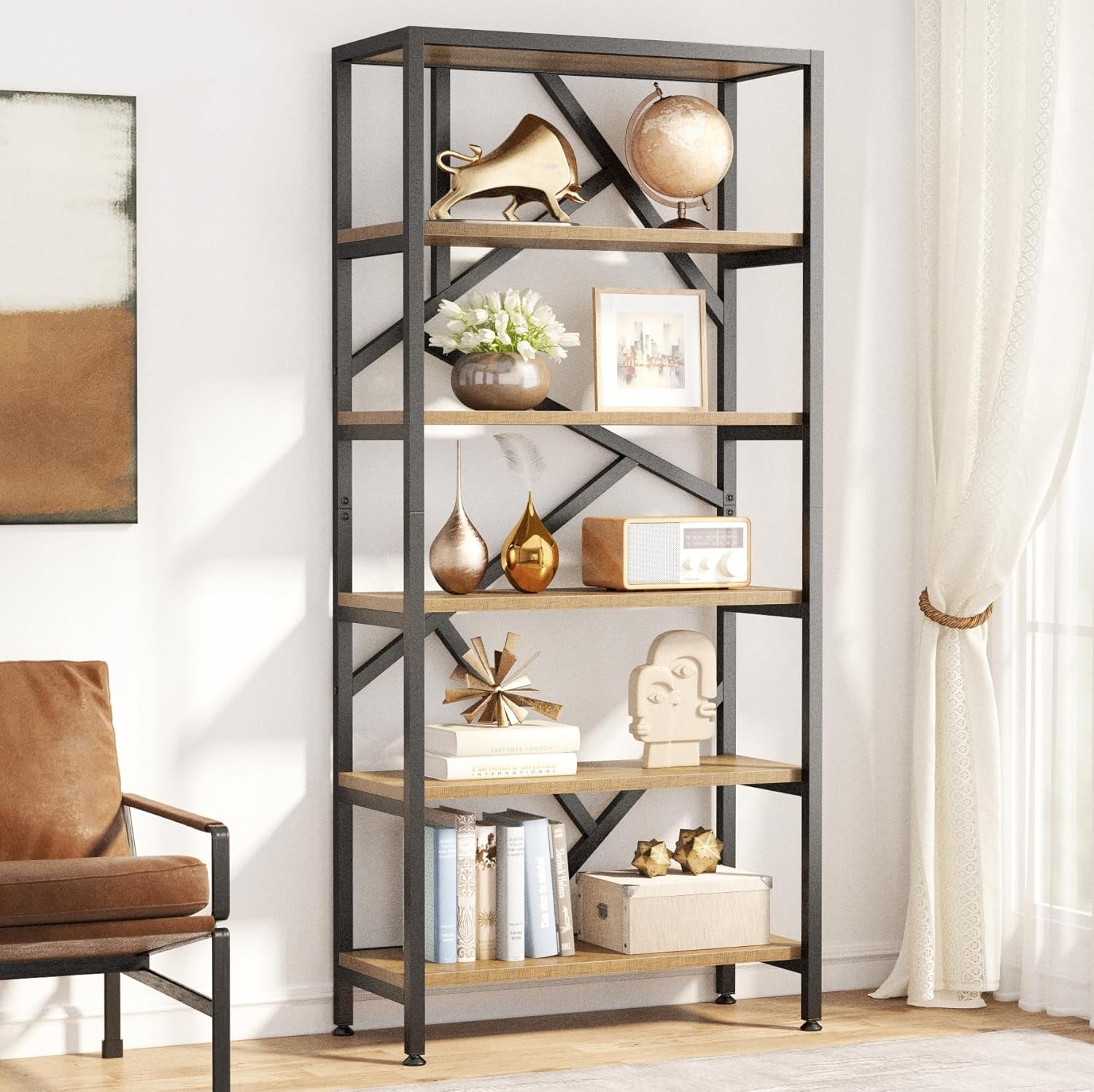 71" Bookshelf, Industrial Etagere Bookcase 6 Shelf Display Rack