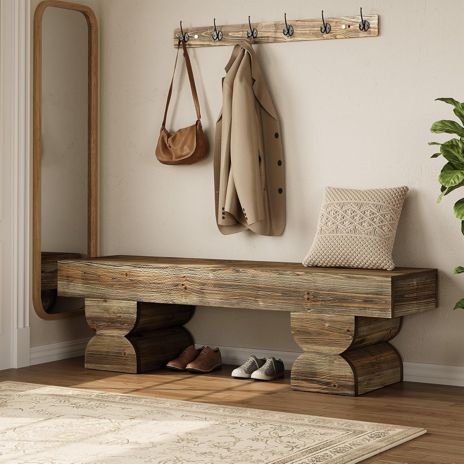59" Entryway Bench, Solid Wood Shoe Bench End of Bed Stool