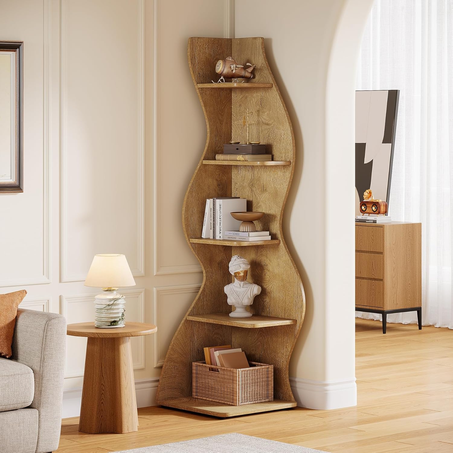 Tribesigns Wavy Corner Shelf, Modern 5-Tier Curved Bookshelf for Small Spaces