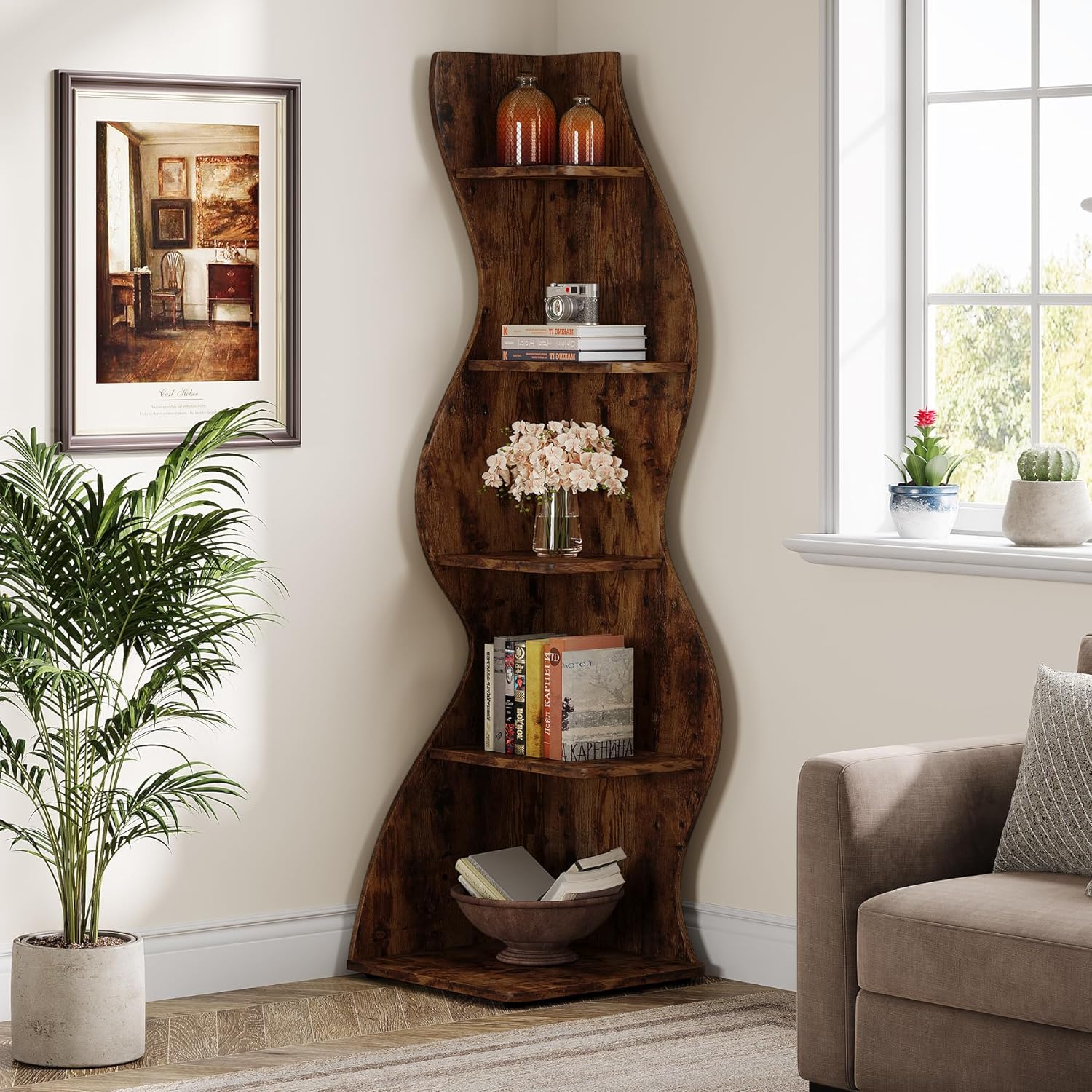 Tribesigns Wavy Corner Shelf, Modern 5-Tier Curved Bookshelf for Small Spaces