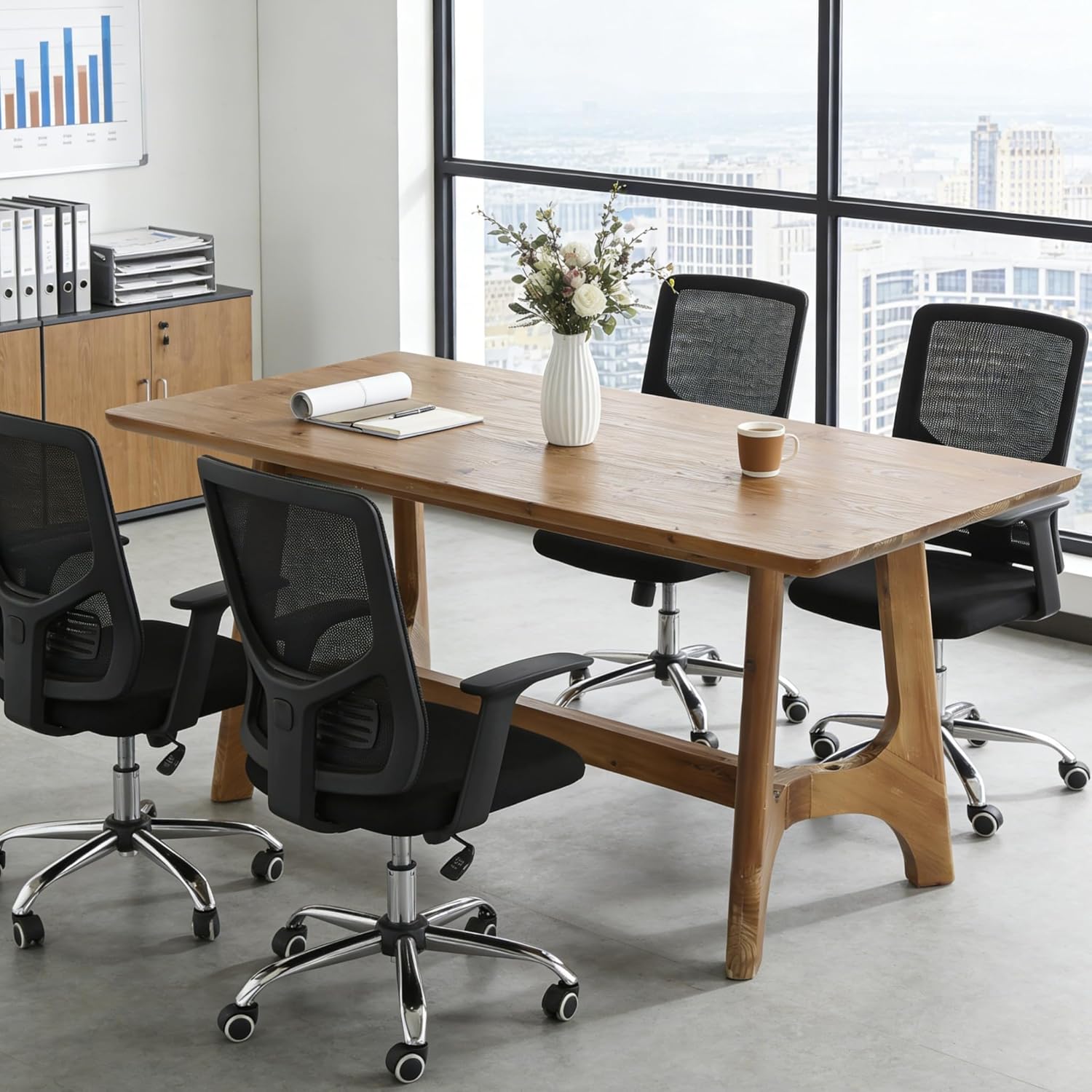 62.99" Solid Wood Conference Table, Rectangular Seminar Desk Meeting Room Table for 4-6 People
