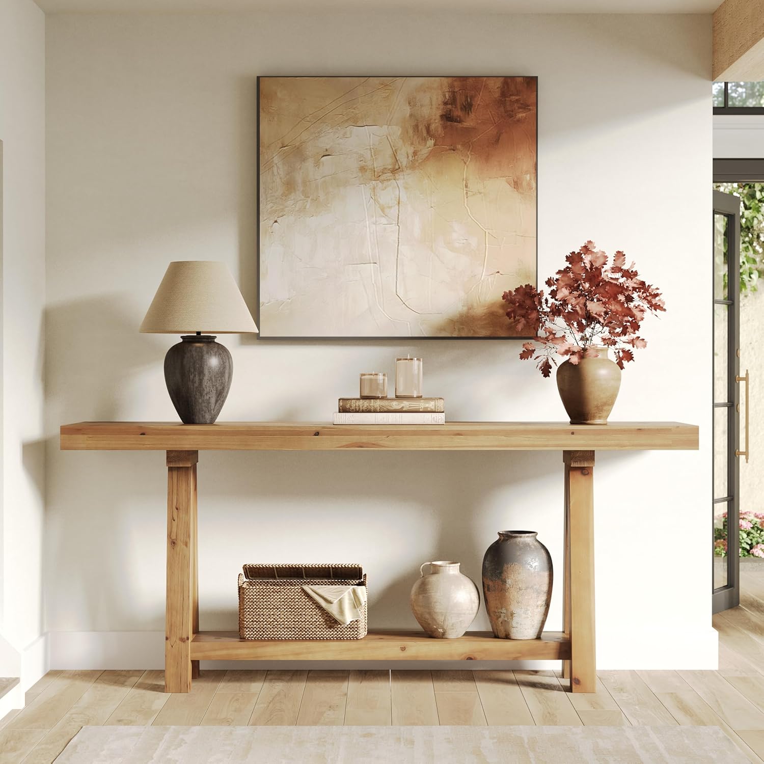 Solid Wood Console Table, 70.87" Sofa Table with Shelves for Entryway
